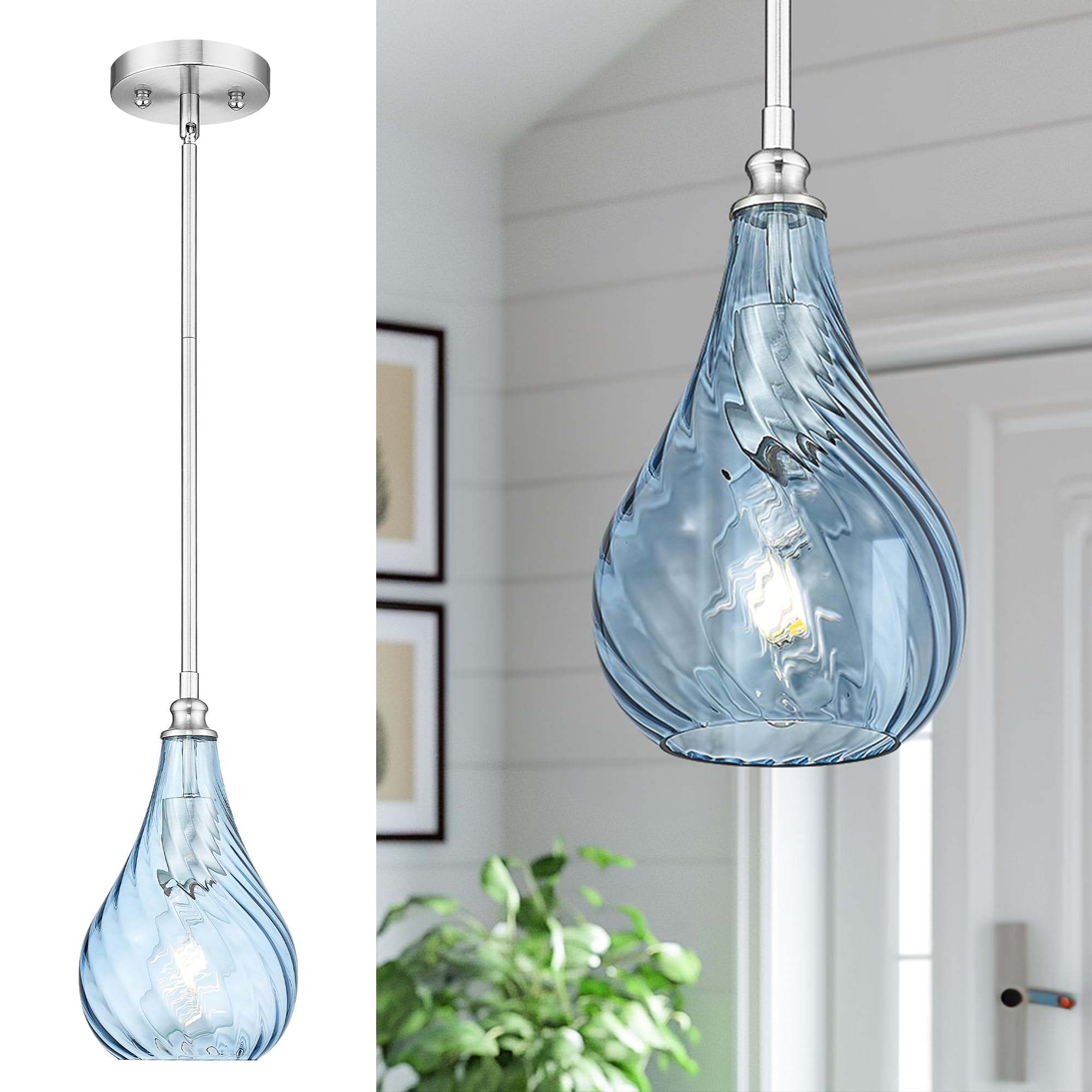 Photo 1 of TENGXIN 6 Inch Mini Hanging Light for Kitchen Island,Kitchen Pendant Lighting Over Island,Brushed Nickel Finished Blue Glass Pendant Light,Farmhouse Pendant Light for Dining Room
