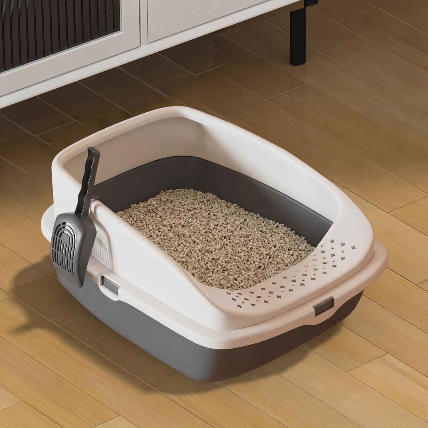 Cat Litter Tray Box, Litter Box, Plastic Cat Open Top Litter Tray with Free Scoop Kitten Detachable Rim Easy Cleaning,49 x 38 x 23cm (Dark Grey)