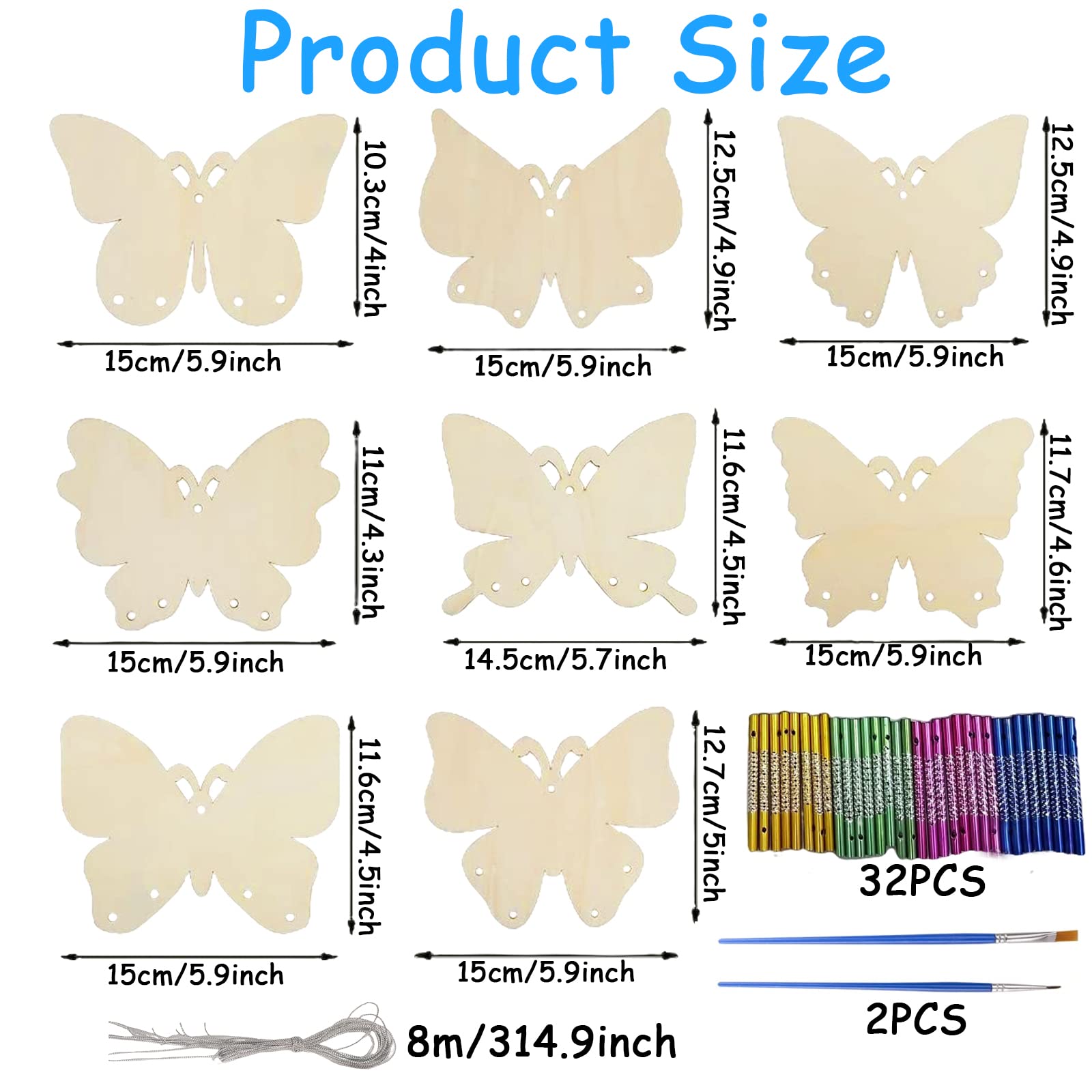 Juego de 8 piezas de carillón de viento de mariposas, juego de manualidades para niños, mariposas, madera, cumpleaños, manualidades, juegos creativos, discos de madera con 2 pinceles de pintura