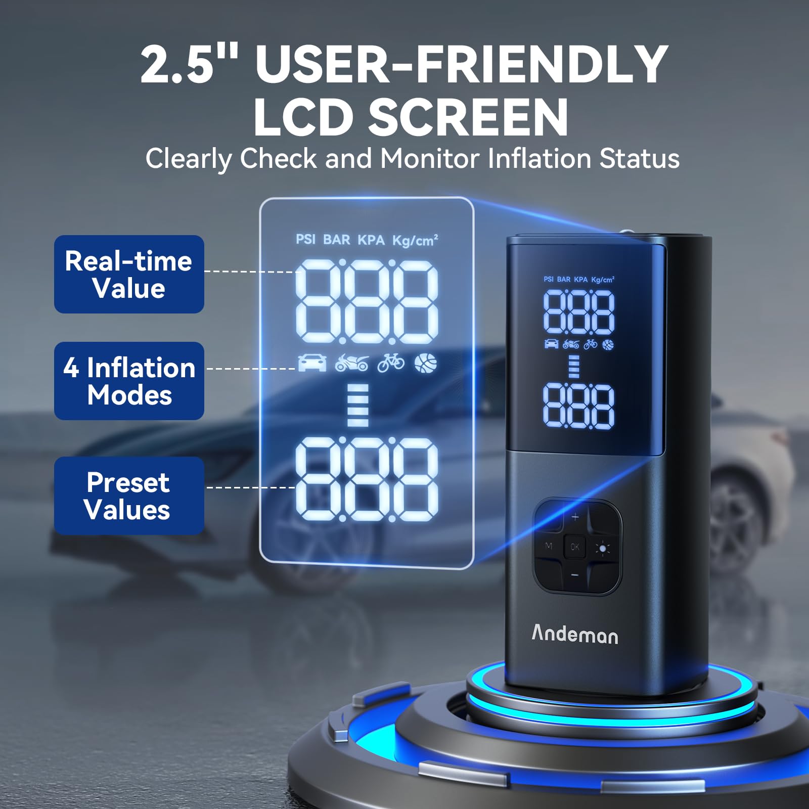 Andeman Tragbarer Luftkompressor, 150 PSI & 8000 mAh, tragbare Luftpumpe, 4 x schneller, kabelloser Reifenfüller mit großem Display und LED-Licht, schnurlose Luftpumpe für Autos, Fahrrad, Ball,