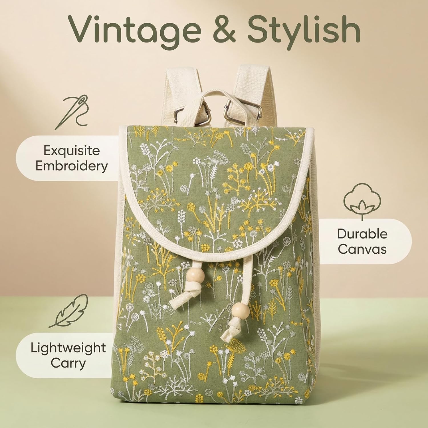 Goodhan Vintage Embroidered Backpack Purses for Women - Boho Shoulder Bag for Travel,Ethnic Floral Mini Back Pack,Lightweight Handbags for Daily Use (Green) - Image 4