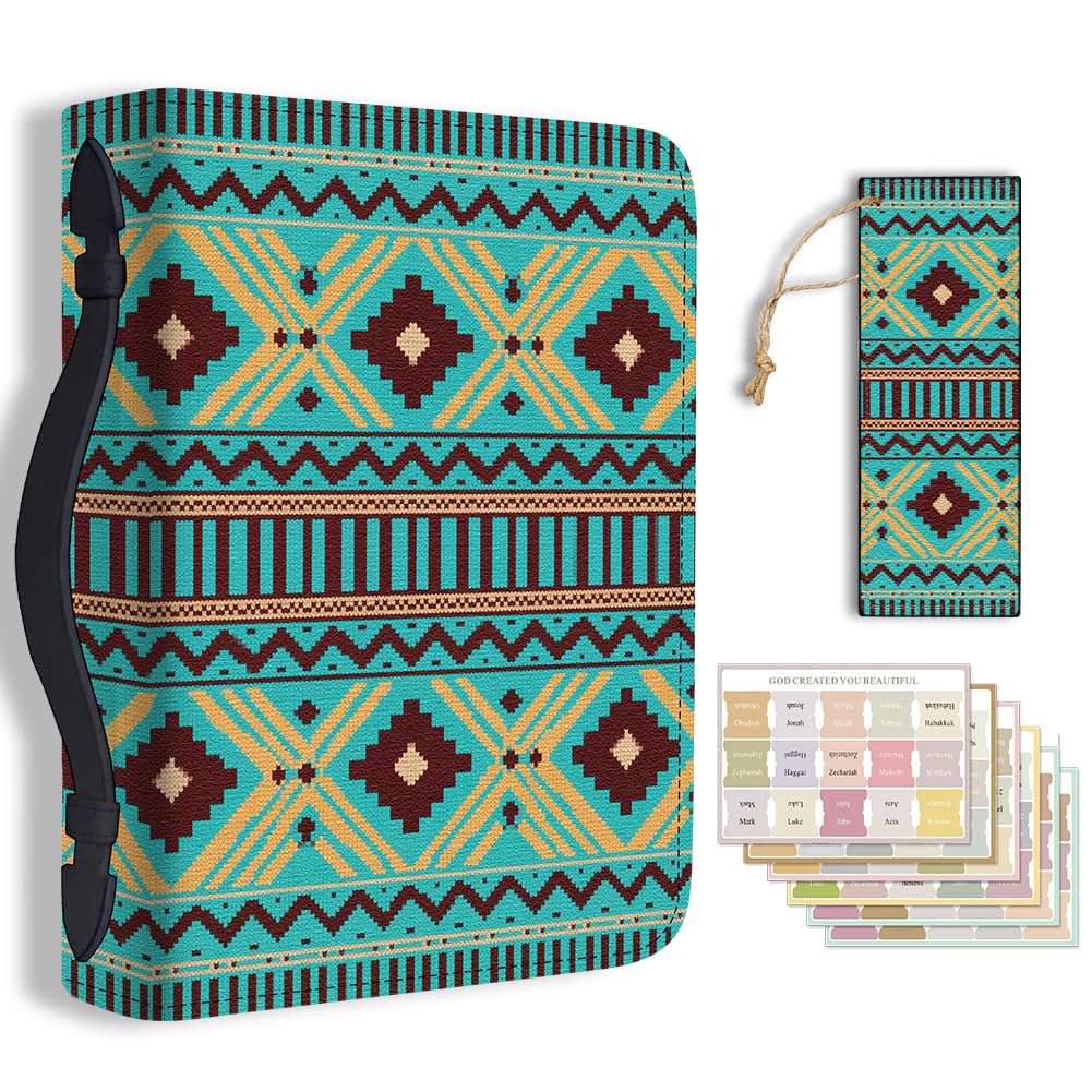 TNKBREEZE Women's Bible Cover Boho Aztec PU Leather Book Carrying Bag with Bookmark Turquoise Inspirational Bible Book Case with Handle & Zipper Christian Gifts Church Study Supplies 11.2×8×2.3inch