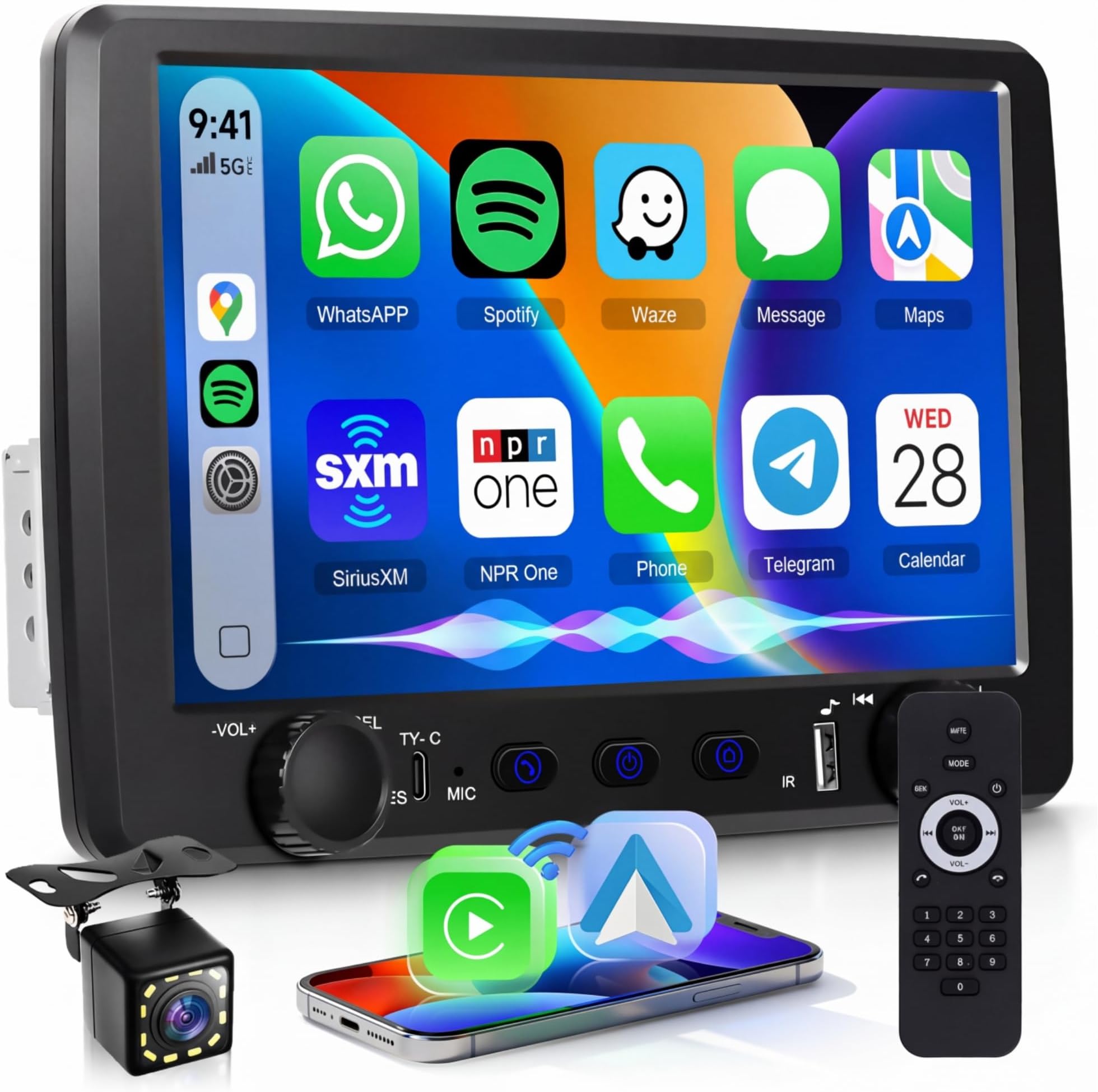 Rimoody Single Din Car Stereo with Wireless Carplay & Android Auto, 9 Inch Touchscreen Car Audio Receiver, Mirror Link, Bluetooth Handsfree/FM/, Backup Camera, SWC, USB/Type-C, EQ, Remote Control