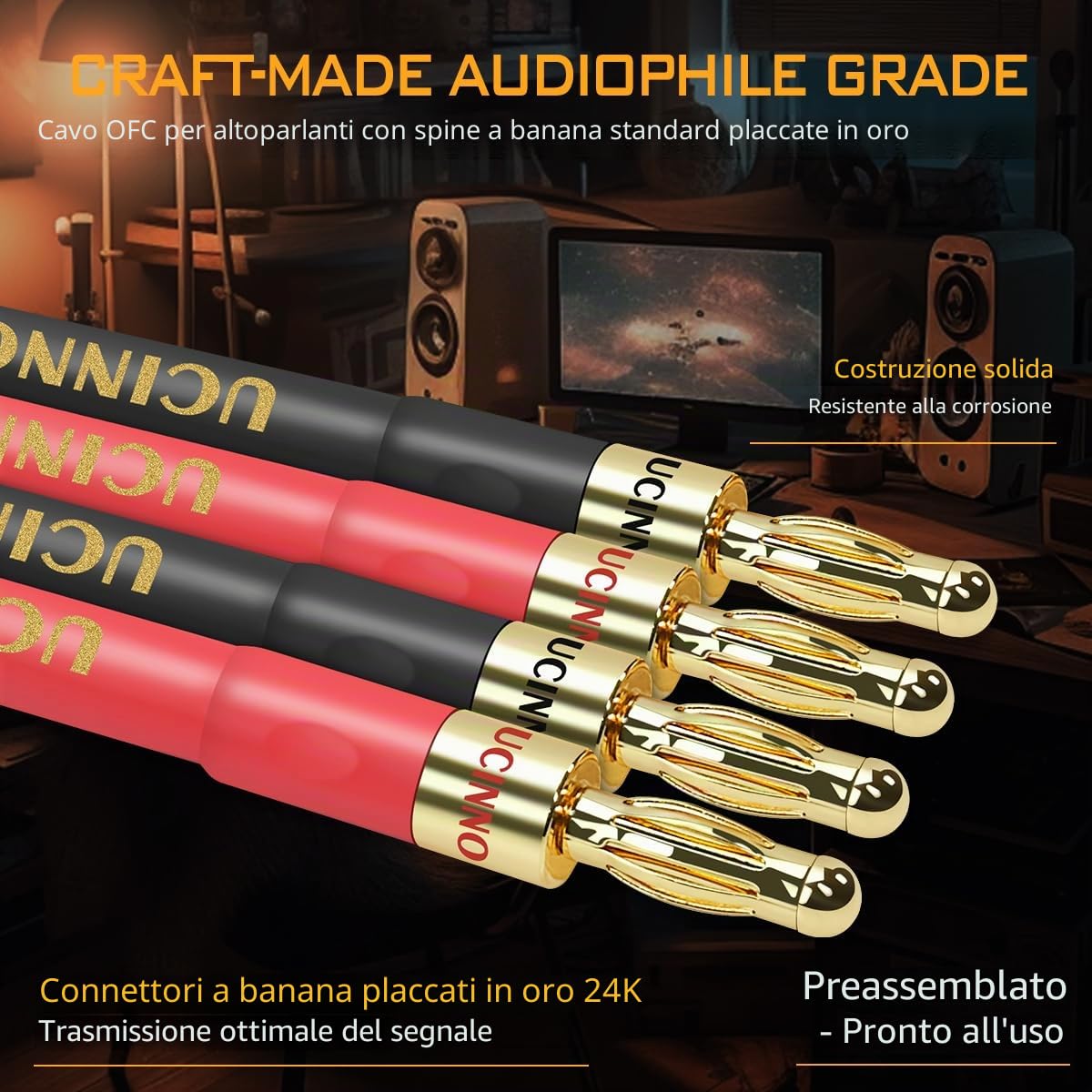 HiFi OFC - Cavo per altoparlante con connettori a banana, 2 pezzi, 4 m, con connettori a banana dorati, 600 fili, 14 AWG per altoparlanti audio, sistemi HiFi, home theater