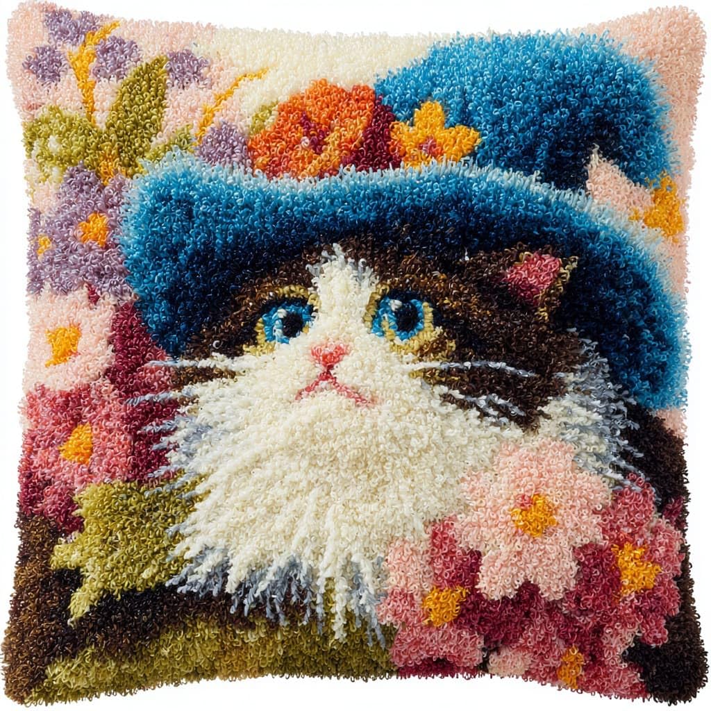 Henypt Latch Hook Kits-E Diy Latch Hook Rug Kits,Latch Hook Cushion Kits, Cats And Flowers