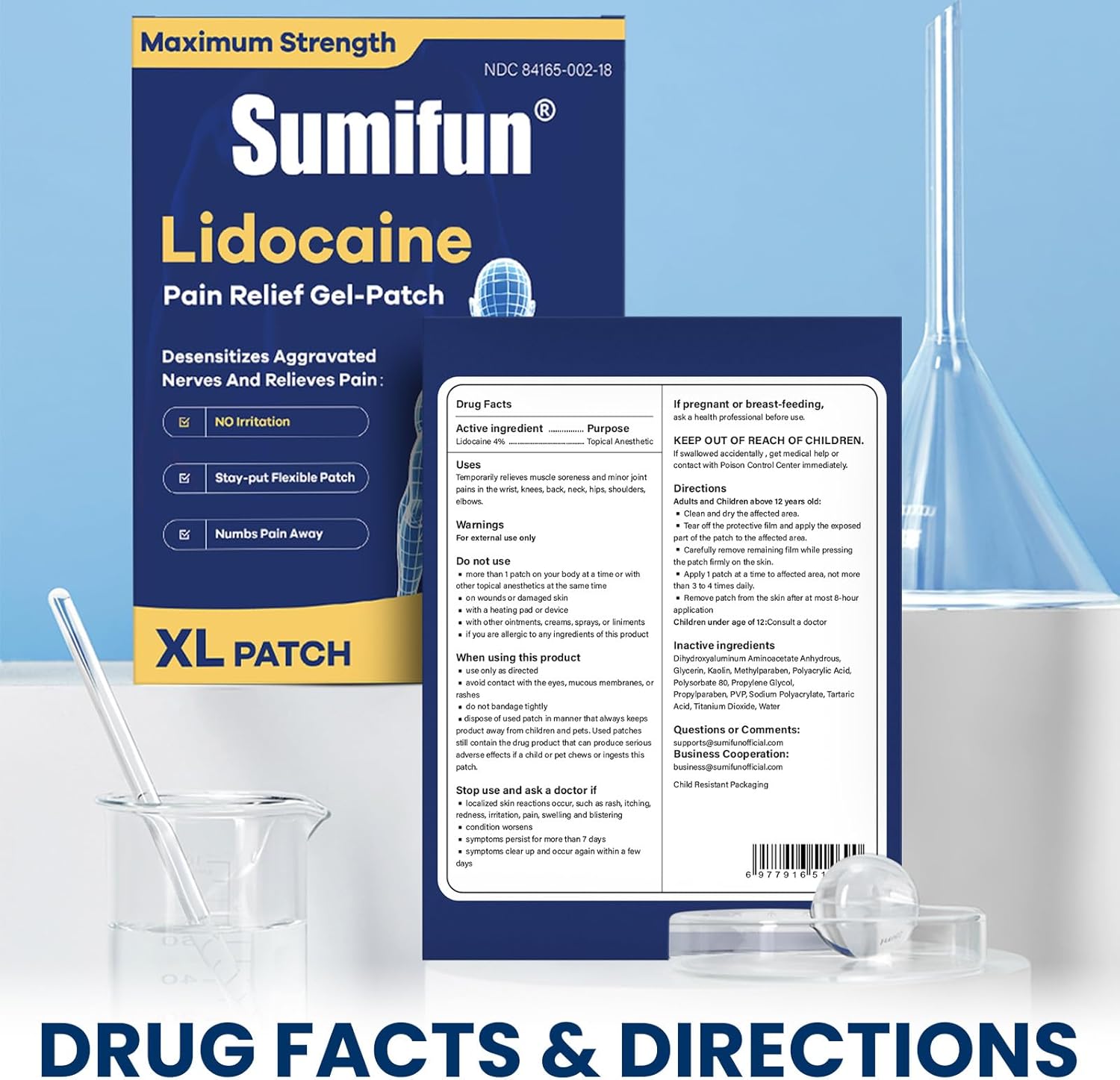 Sumifun 4% Lidocaine XL Pain Patches | Extra Large 4.72"x7.87" for Full Back & Thigh Coverage | Maximum Strength OTC Numbing | 8-Hour Medical Adhesion (X-Large, Count, 18)