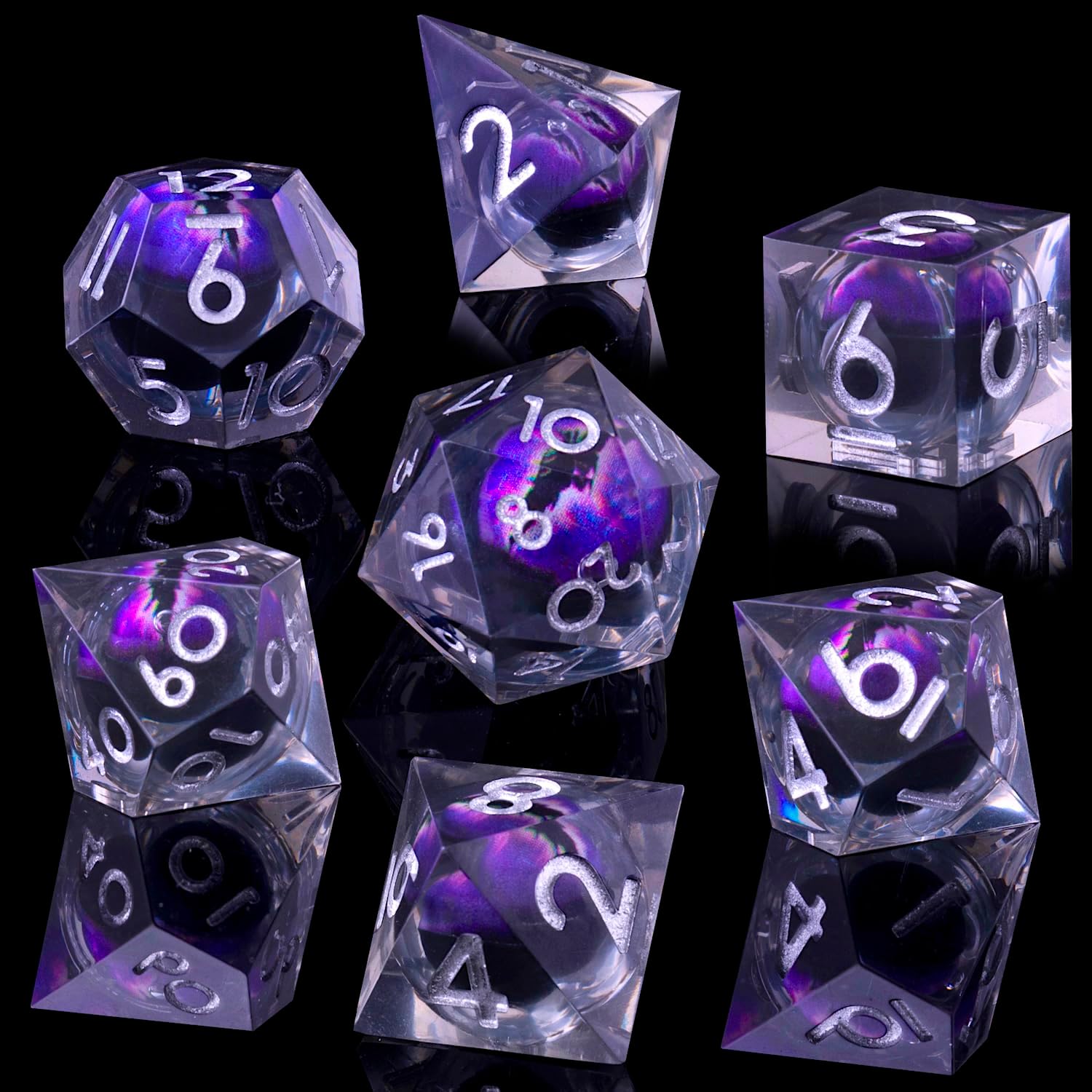 Beholder's Dragon Eye DND Dice Set, 7pcs Liquid Core Dice with Gift Box, Handmade Sharp Edge Resin Dice for Role Playing Dungeons and Dragons Ttrpg(Dark Purple Dragon Eye)