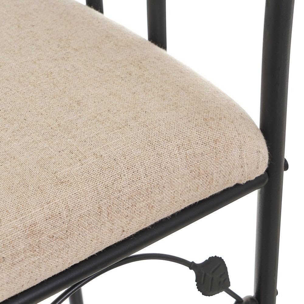 LOLAhome Banqueta para pie de Cama de Metal Negro y Asiento de Lino Beige | Taburete para dormitorio o vestidor de 68cm de largo y 30cm de ancho. Altura asiento 46cm. Altura total 64cm