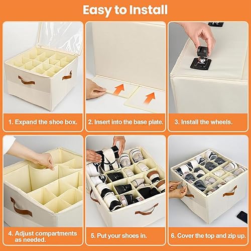 Miniatura 7 de Paquete de 2 cajas organizadoras de zapatos para armario, caja organizadora de zapatos plegable de tela con divisores ajustables y cubierta