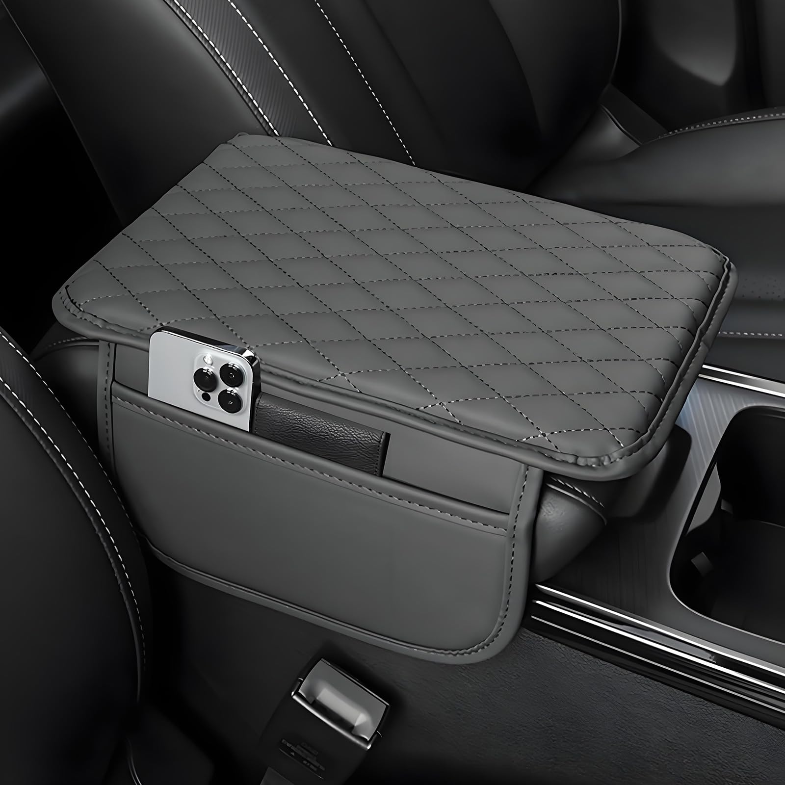 LXFDAFA Car Armrest Cover for Peugeot Partner M49 M59 B9 K9 1996-2025 2026 Console Cushion Pad Protector PU Leather Memory Foam Auto Interior Storage Pocket Styling Mat,Grey