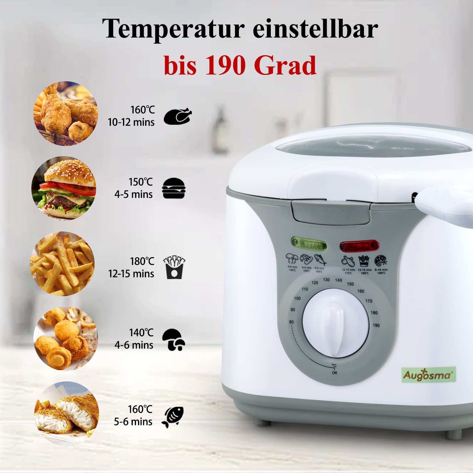 Mini freidora Augosma con aceite | 1200-1450W l Capacidad: 2 litros l Ventana de visualización l Cesta de freír de acero inoxidable l Temperatura regulable l Aislada térmicamente l Revestimiento de go