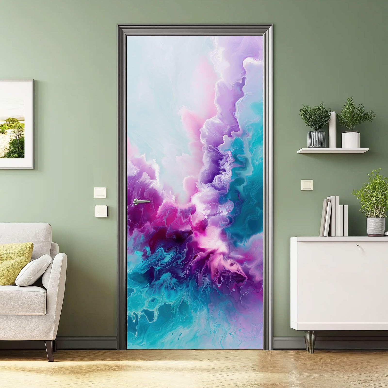 Autocollant de porte abstrait 3D violet avec texture fluide amovible en PVC