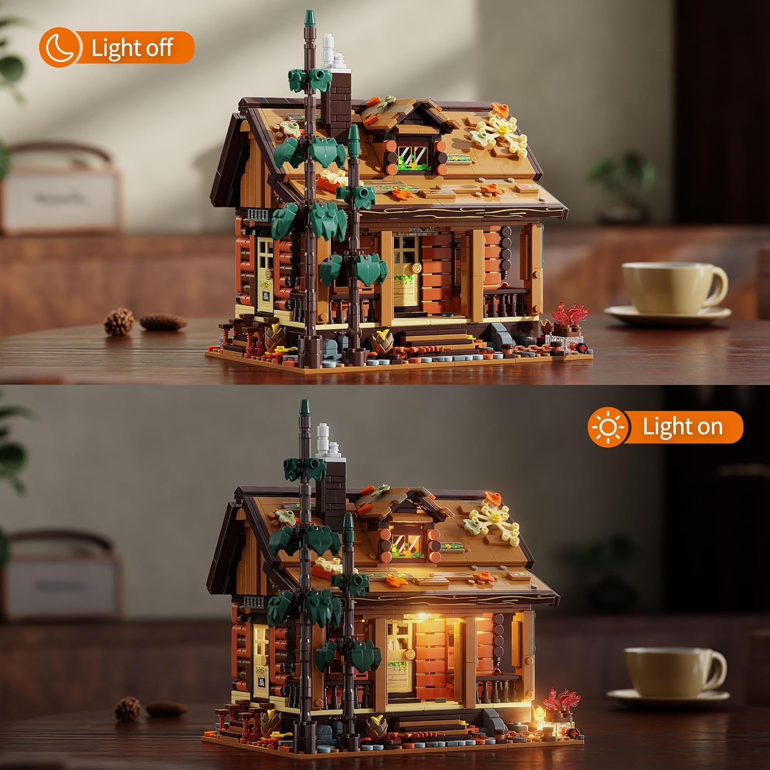 TYCOLE Herbst Cabin Holzhaus Klemmbausteine Bauset 1969 Stück Modellhaus mit LED-Licht Heimdekoration Weihnachten Geburtstag Geschenk für 8+ Jungen Mädchen Jugendliche Erwachsene