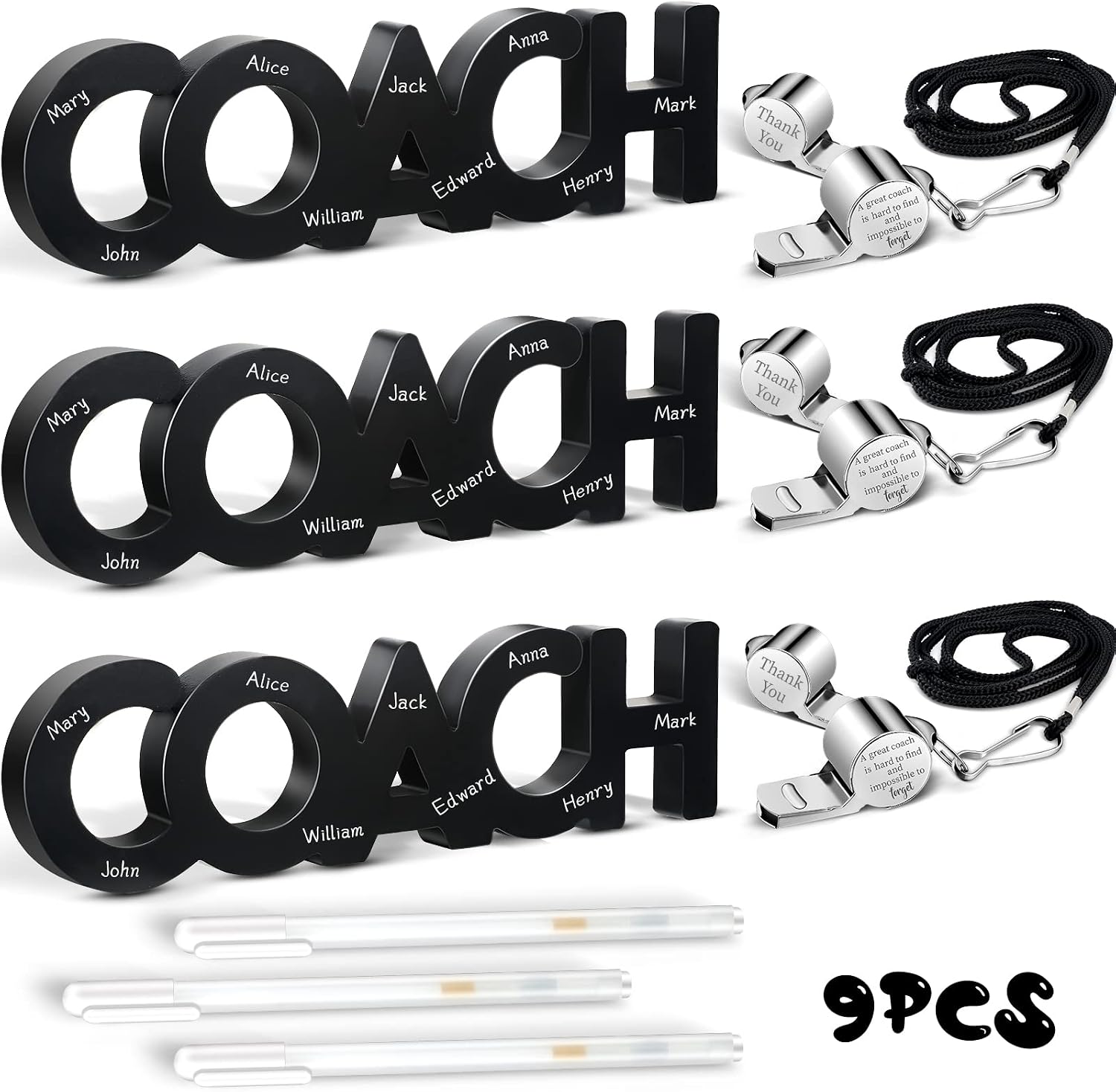 Amyhill 9 Pcs 2026 Graduation Gifts for Coach Football Soccer Coaches Gifts Thank You Coach Wood Sign Whistle Stainless Steel Whistle with Rope White Marker Pen for Men Women Sports Graduation Gift