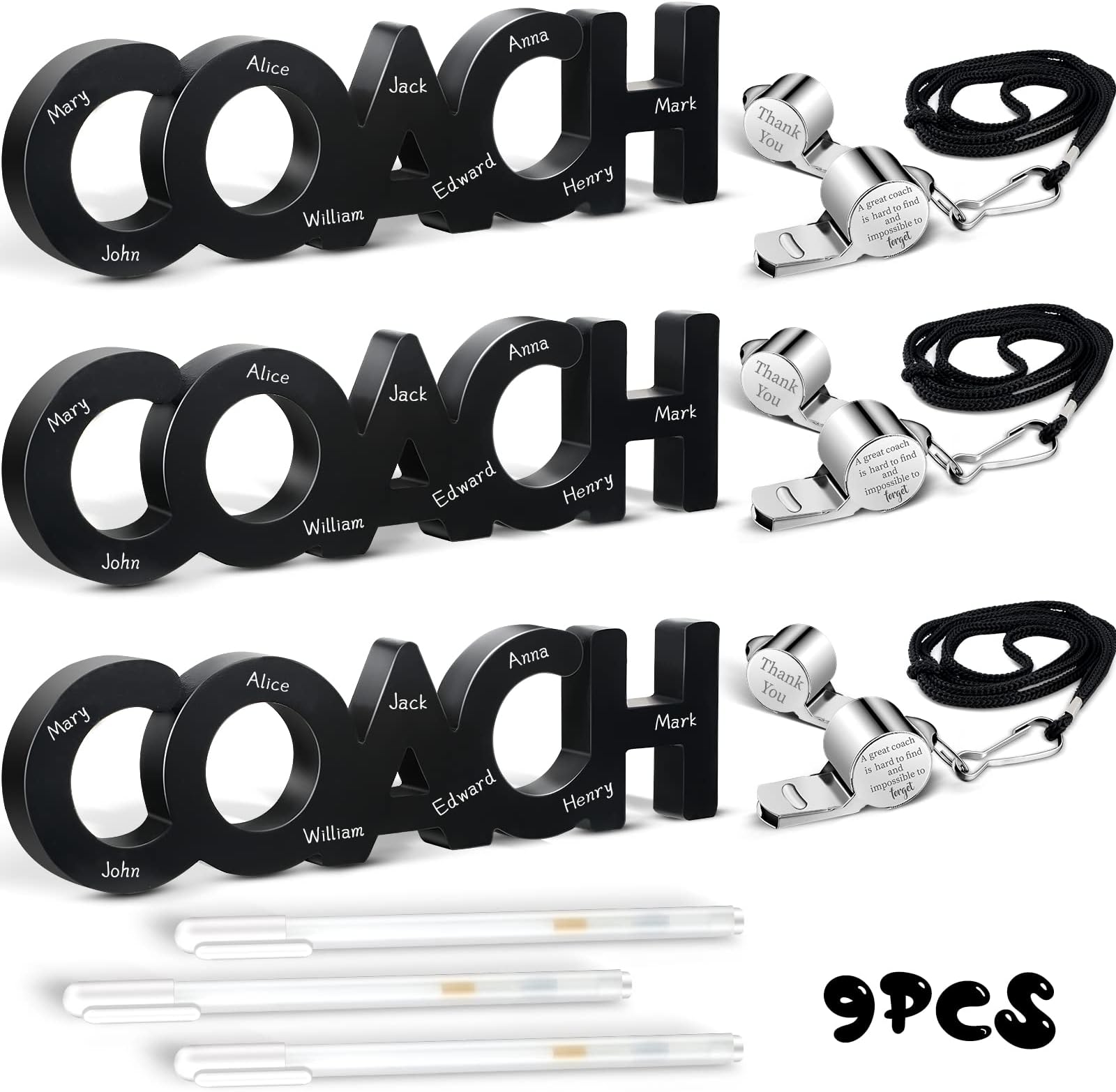 Amyhill 9 Pcs Coach Gifts Football Soccer Coaches Gifts Thank You Coach Wood Sign Whistle Stainless Steel Whistle with Rope White Marker Pen for Men Women Soccer Baseball Volleyball Sports Gift
