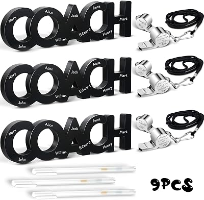Amyhill 9 Pcs Coach Gifts for Football Soccer Coaches Team Gifts Thank You Coach Wood Sign Whistle Stainless Steel Whistle with Rope White Marker Pen for Men Women Sports Gift