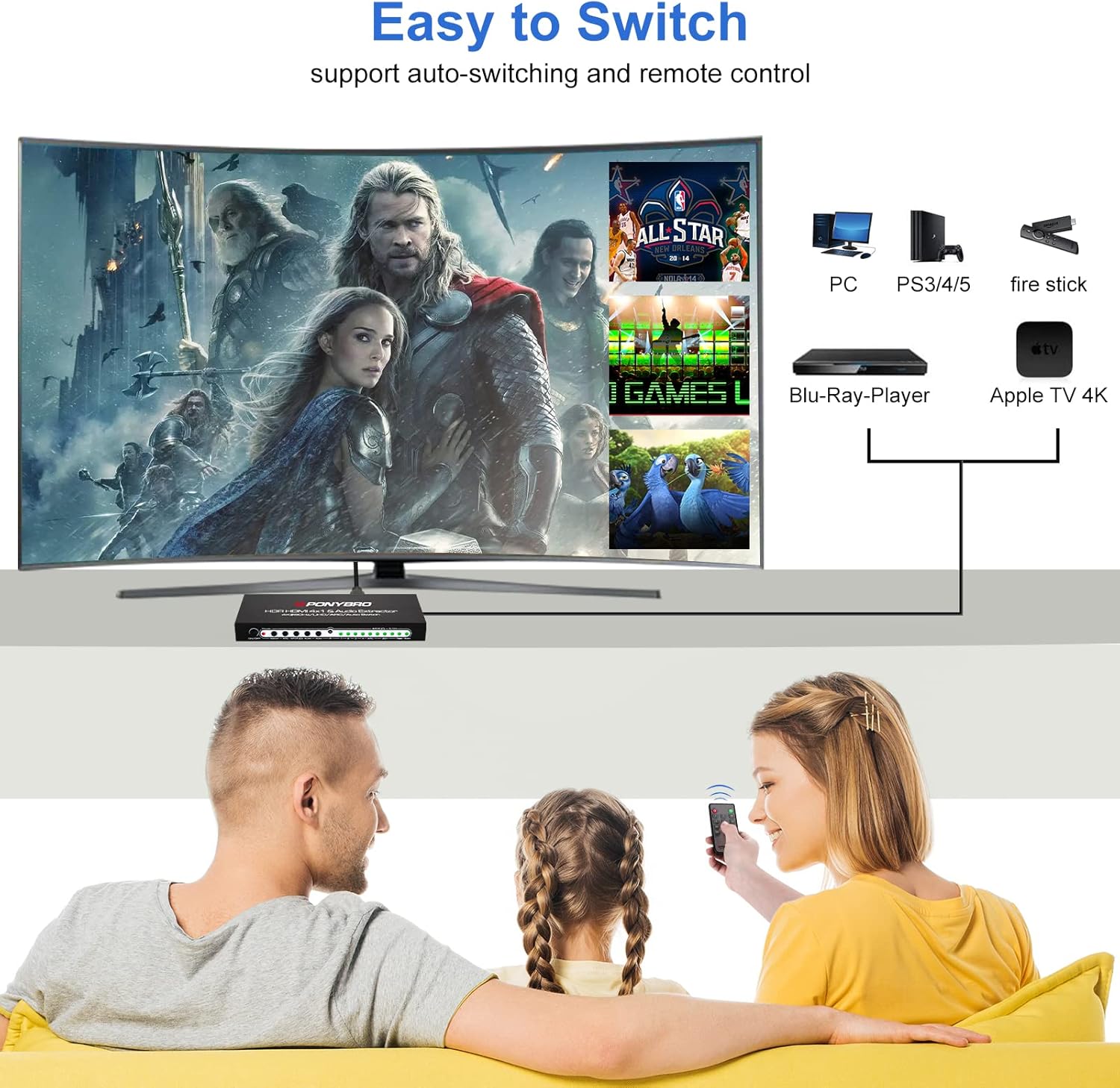 4K 60Hz HDMI 2.0 Switch 4 in 1 Out with Audio Extractor and ARC,and PONYBRO UHD 4K 60Hz HDMI 2.0 Switch 5 in 1 Out