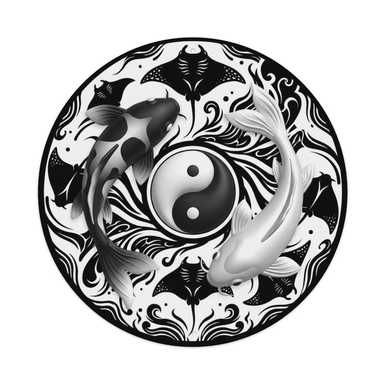 Tai Chi Koi Fish Manta Ray Black White Ocean Sea Majestic Metal Tin Sign