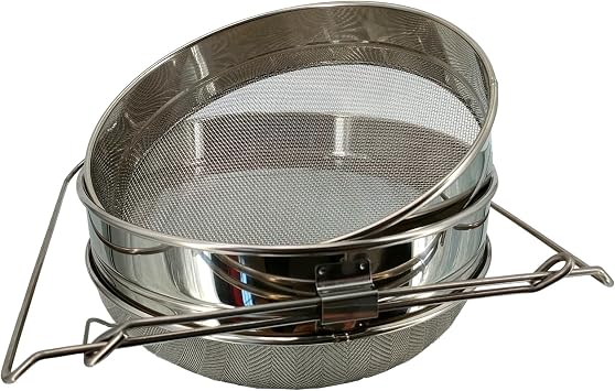 Double Sieve Honey Strainer for 5 Gallon Bucket, Food Grade Stainless Steel Honey Filter with Adjustable Extending Arms, Fine Mesh Honey Extractor Strainer for Beekeeping Supplies & Honey Harvesting