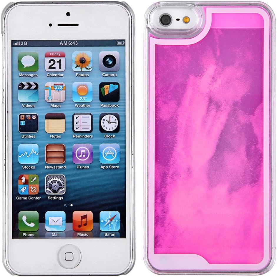 Fluorescent iPhone 5 5S Case-Yerwal Glow in the Dark Fluoresent Quicksand Liquid Hard Case Clear Cover For iPhone 5 5G 5S-Rose Red