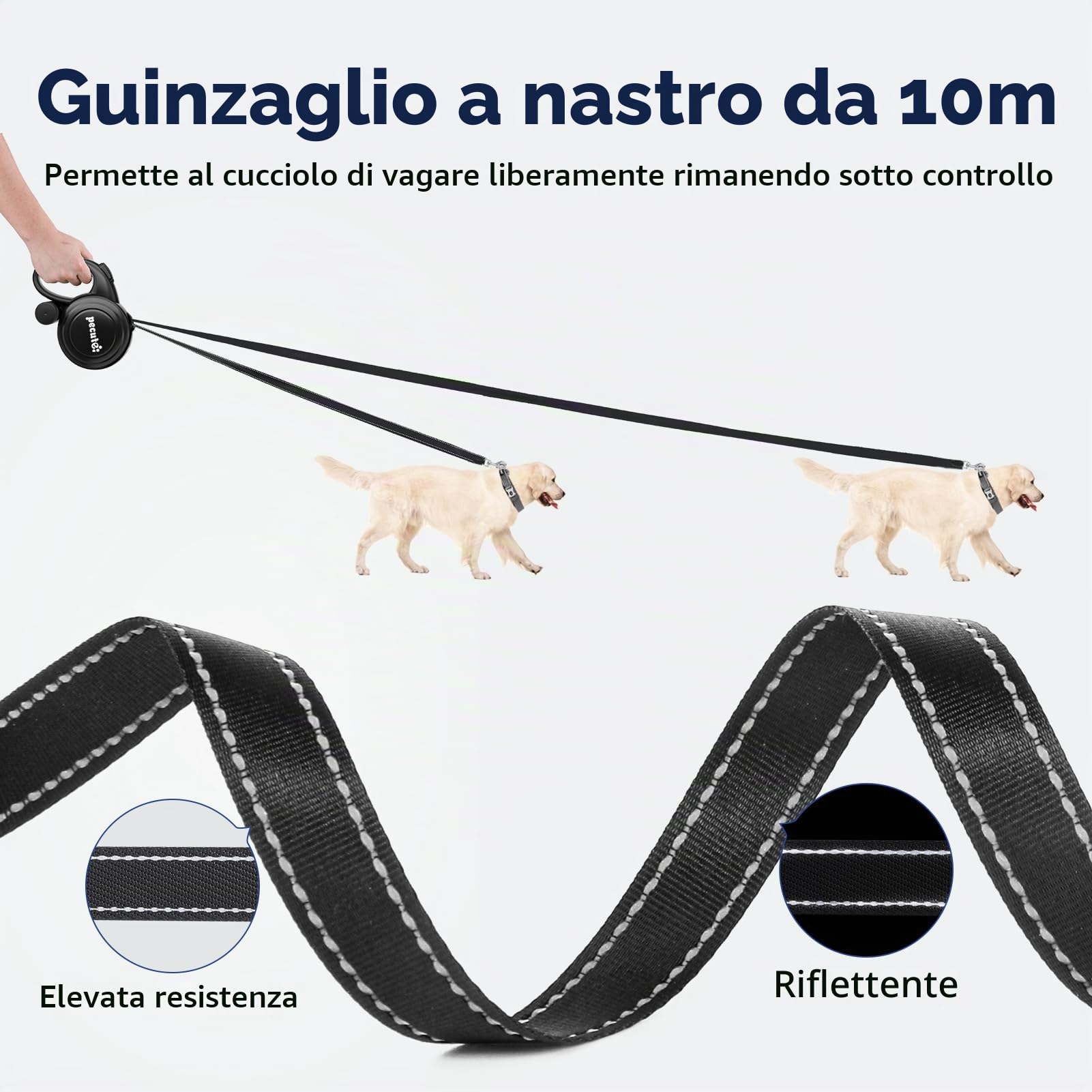 Pecute Guinzaglio Retrattile per Cani 10M (Fino a 50 Kg), Guinzaglio per Cane con Guinzaglio Esteso Senza Grovigli a 360°, Impugnatura Antiscivolo e Pulsante di Freno Rapido,Verde