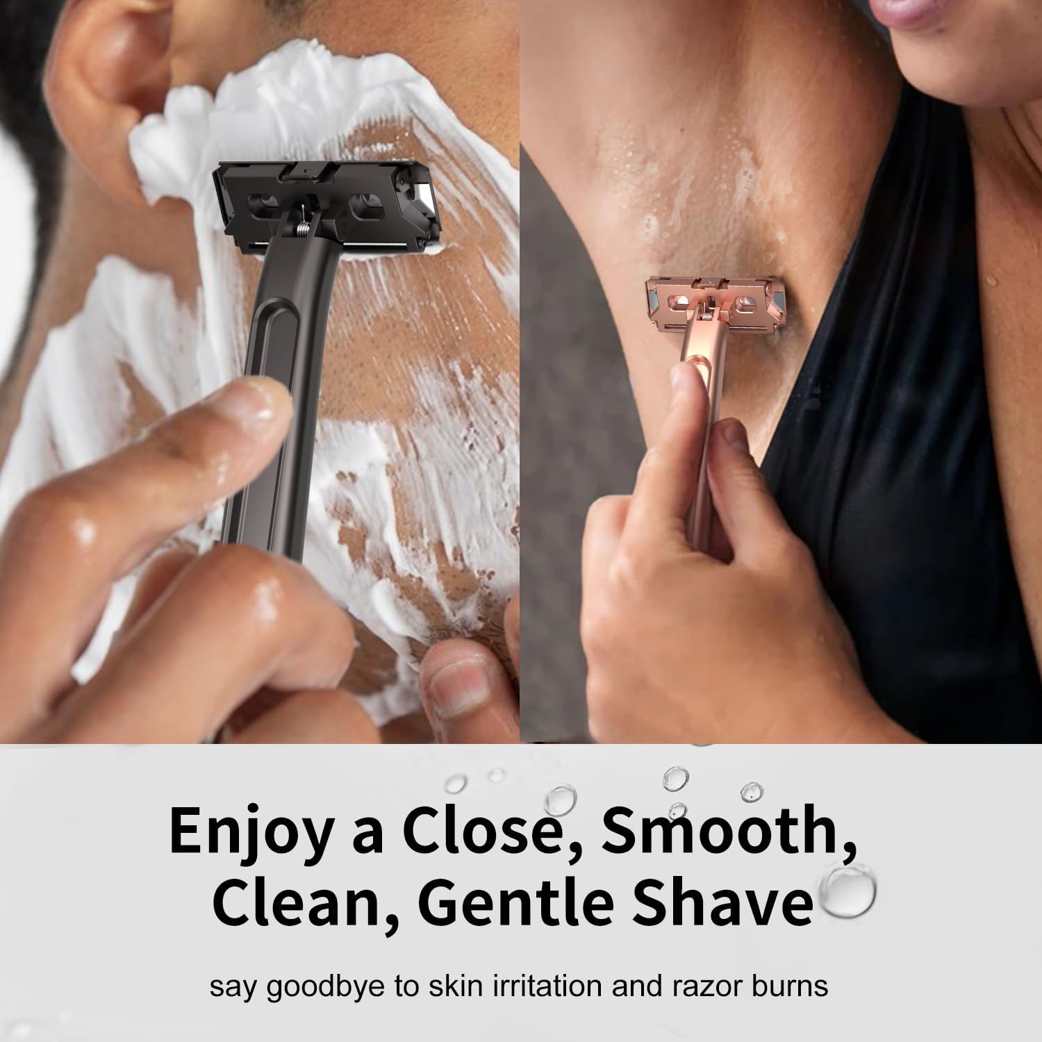 Dual-Blade Safety Razor with Pivoting Head, Reusable Metal Razors for Women, with 10 Double Edge Blades, Smooth Close Clean Shave, Rose Glod