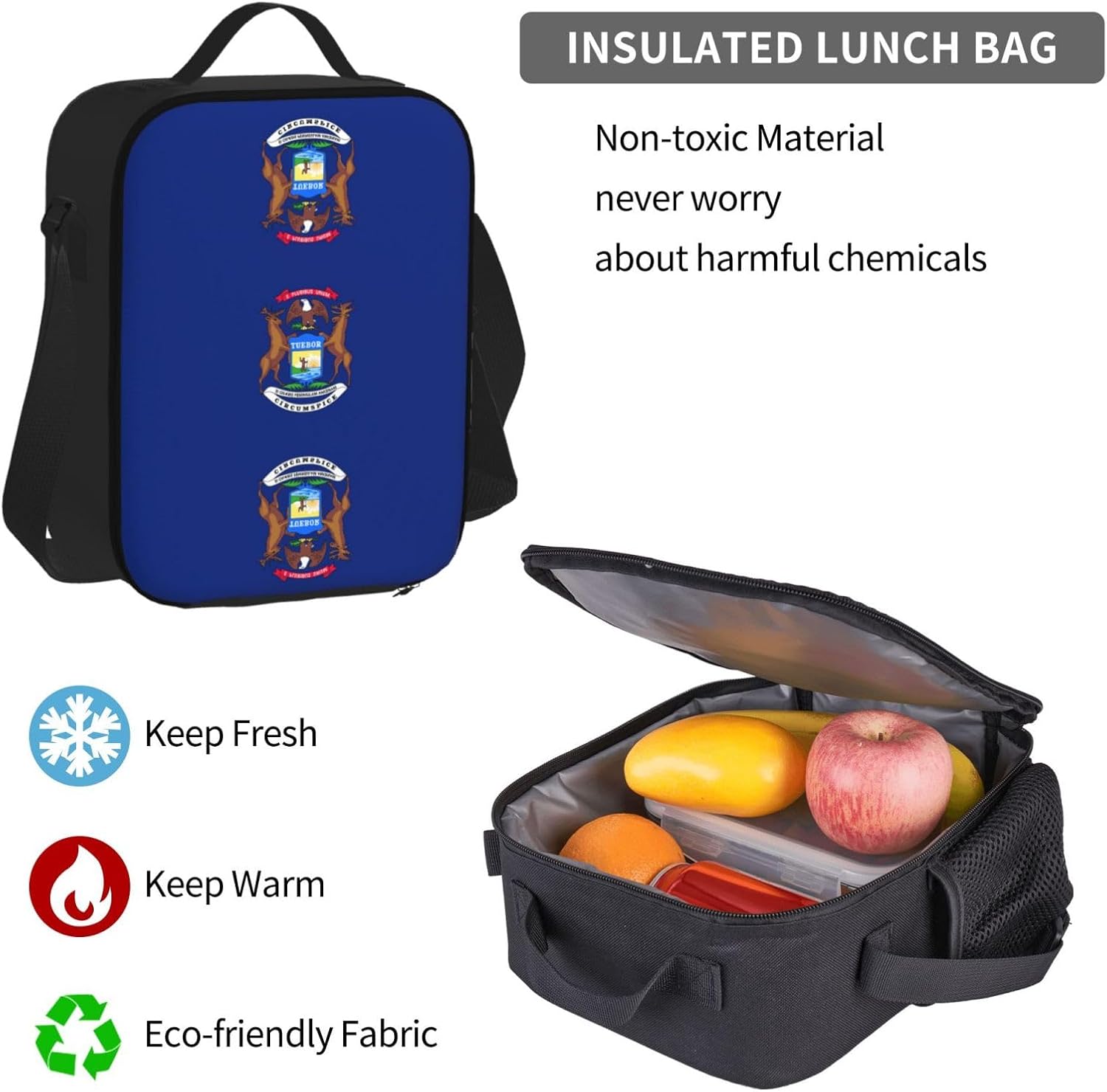 Michigan State Flag Print 3 In 1 Set With Lunch Box Pencil Bag Backpack Set Computer Bag Casual For Gym Beach Travel