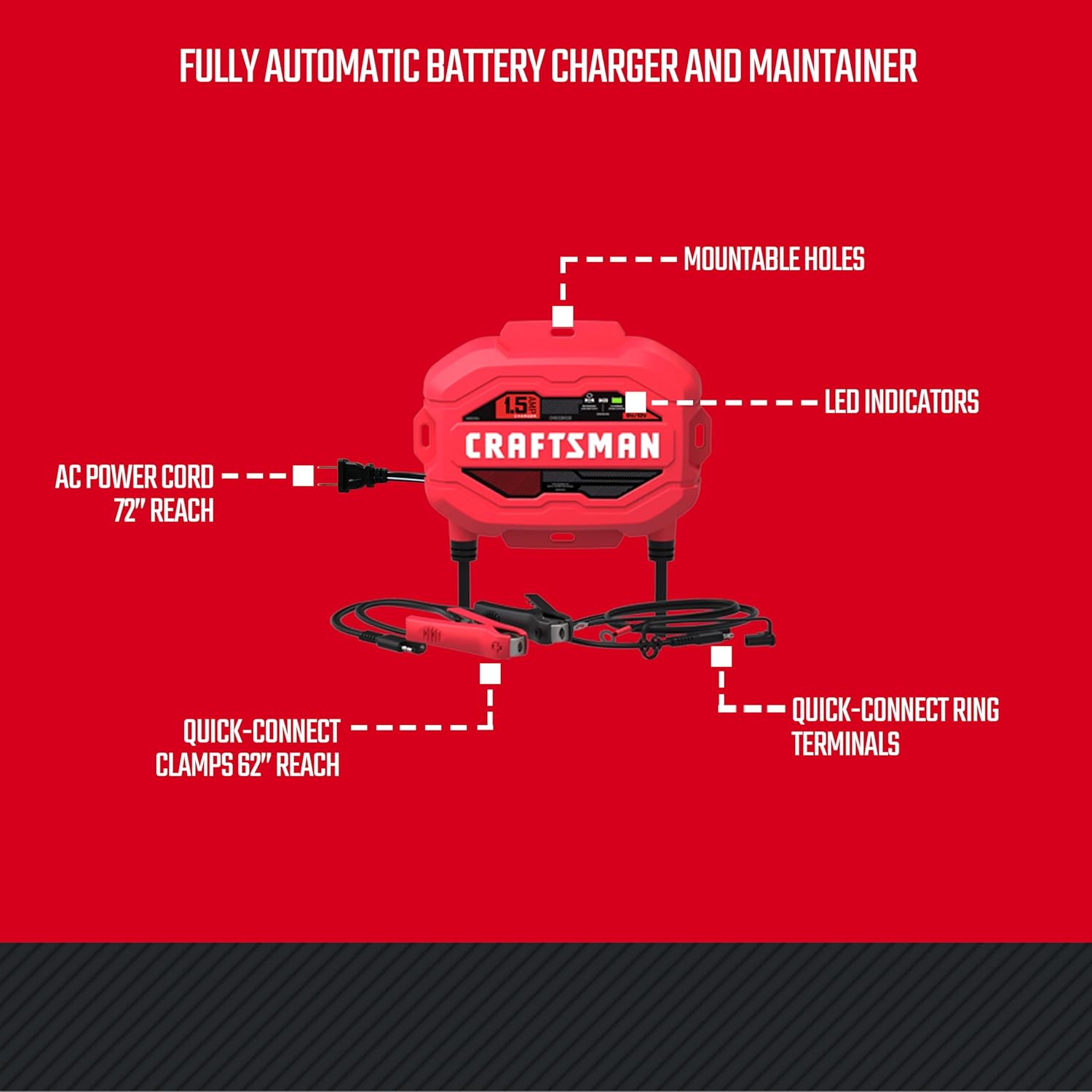 CRAFTSMAN 1.5A Car Battery Charger and Maintainer, 3-in-1 Solution, for 6V/12V Power Sport, Automotive, and Marine Batteries, CMXCESM259