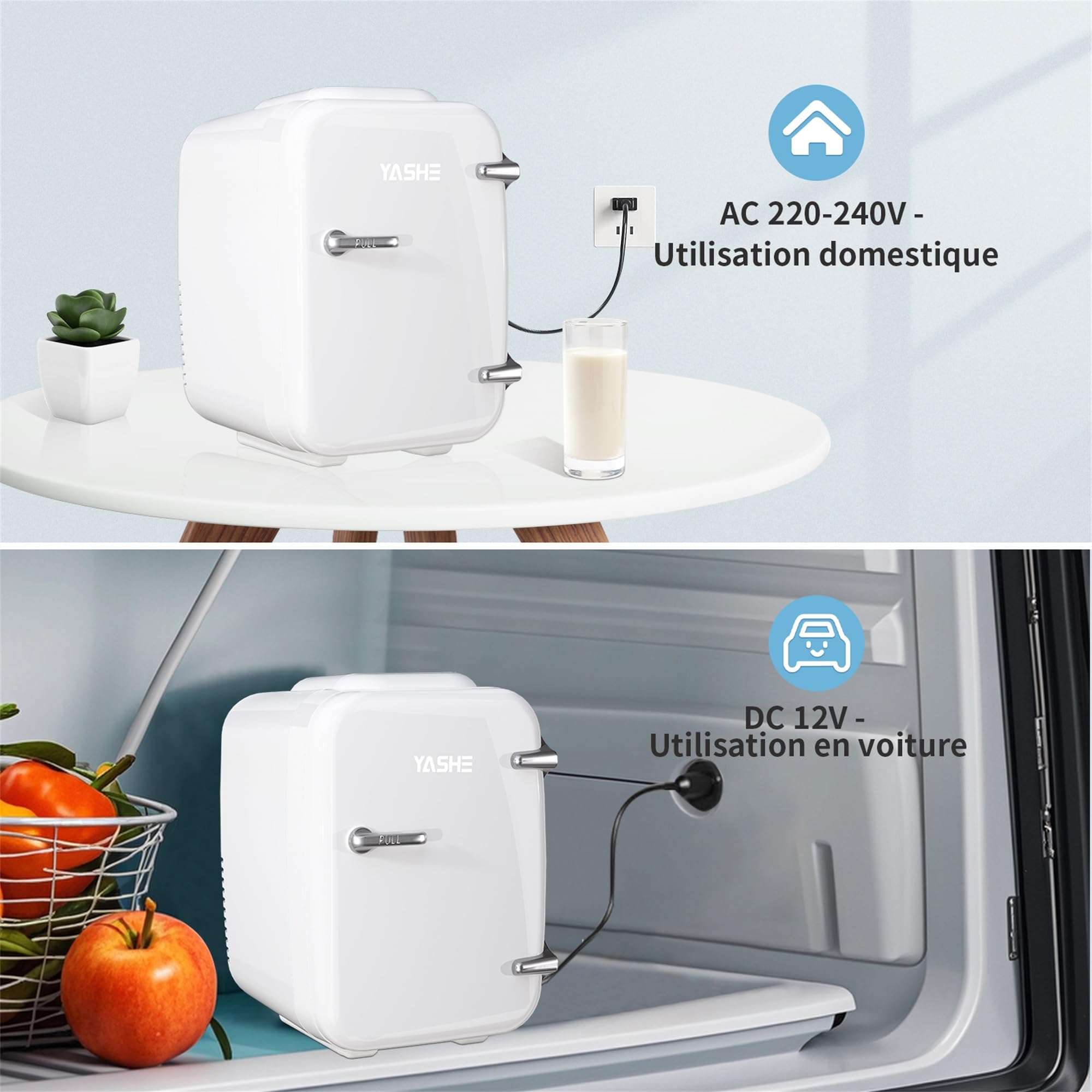 YASHE Mini Frigo de Chambre 4L/6 Canettes, Réfrigérateur Voiture 220V CA/12V CC, Petit Frigo Thermoélectrique Chaud/Froid, Blanc