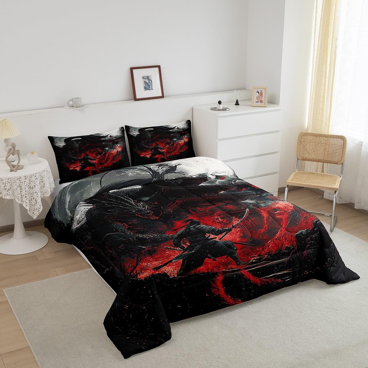 Feelyou Dragon Comforter Set Twin Size Japanese Style Comforter for Boys Girls Teens Samurai Bedding Set Dragon Decor Duvet Set Room Decor Black Red Quilt Set