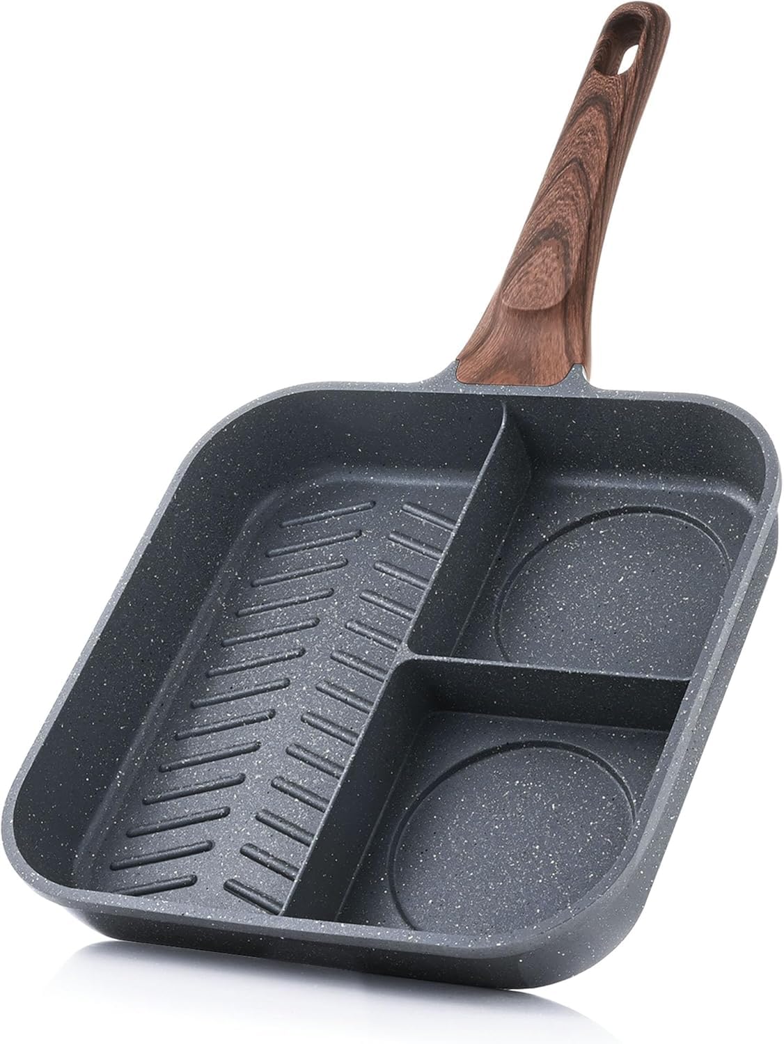 SENSARTE Frying Pan with Dividers, Marble Coat, 9.4 inches (24 cm), IH Gas Grill Pan, 3 Partitions, Square Fry Pan, Non-Stick, Gray