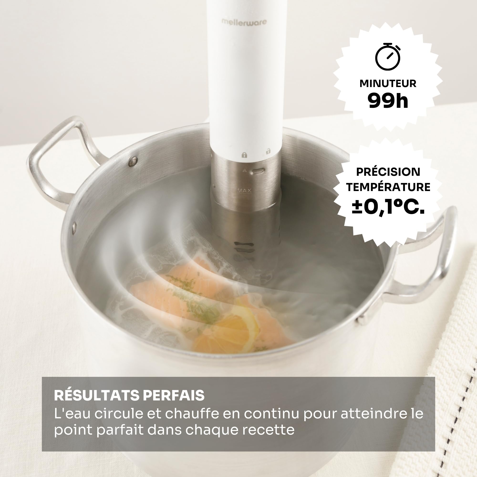 Mellerware Sous vide Roner de cuisine à basse température, machine de cuisson sous vide de 1000 W, résistance à l'eau IPX7, contrôle de température et minuterie – écran tactile (White)
