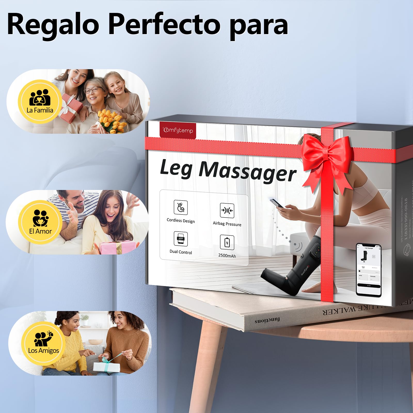 Comfytemp Masajeador de Pies y Piernas Inalámbrico, Masaje de Compresión | Batería 2500mAh, Presoterapia Piernas, Masaje Personalizable para Tobillos, Plantas y Empeines, Adecuado para Papá y Mamá