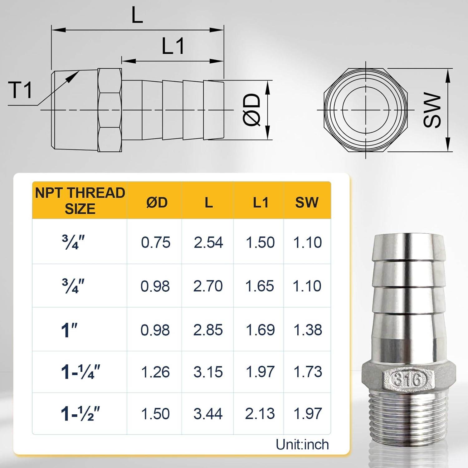 1" Barb x 1" NPT Male Hose Barb Fittings with Hose Clamp, Stainless Steel Air Hose Fittings for Connecting Hose Pipes