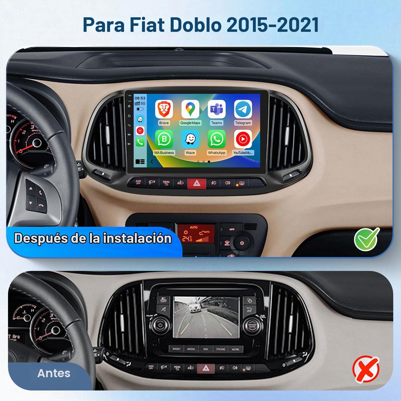 Radio para Coche inalámbrica CarPlay para Fiat Doblo (2015-2021), 2G+64G Android Auto, Podofo Radio con Pantalla táctil de 9 Pulgadas, Bluetooth, Ecualizador, FM/RDS, WiFi y GPS