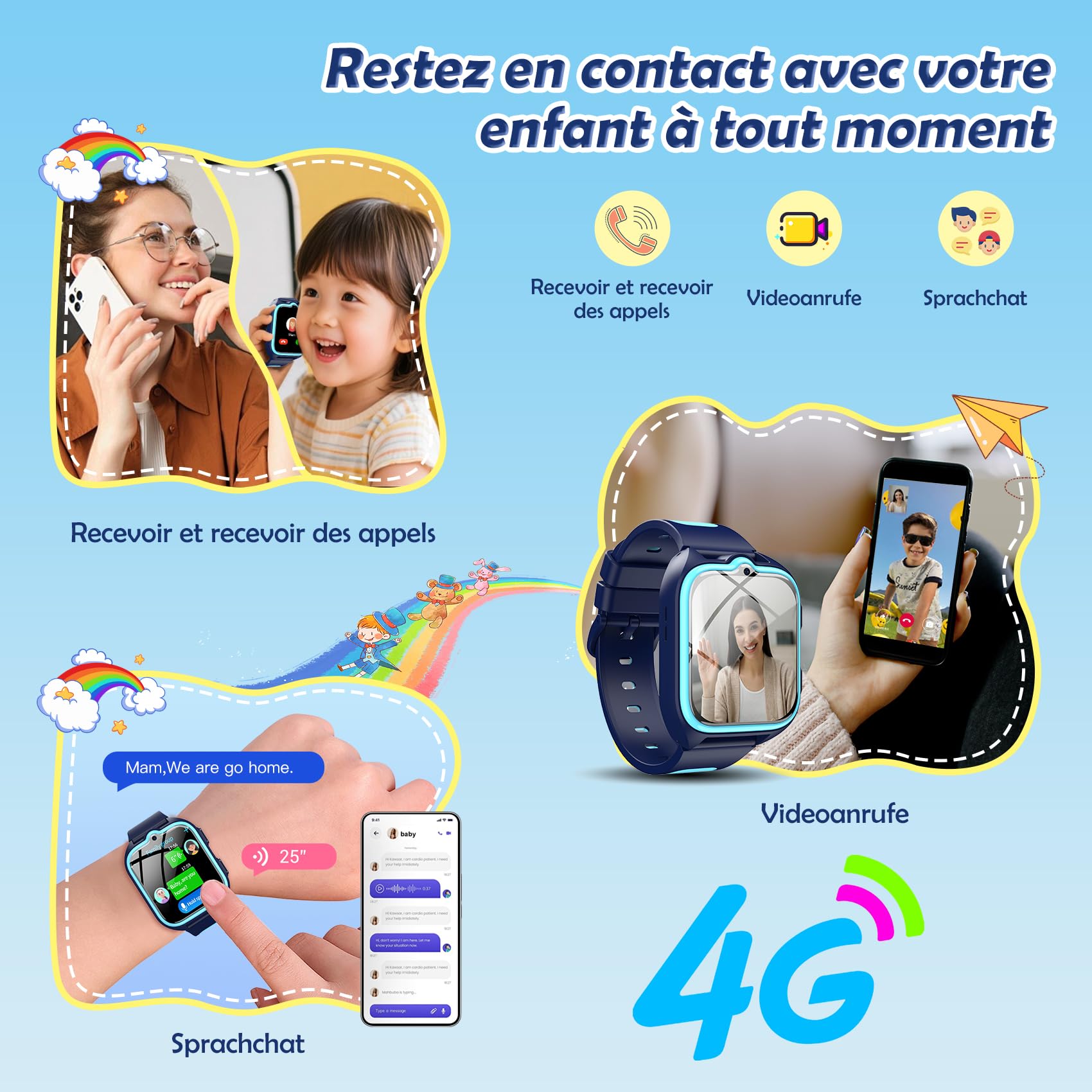 4G Montre Connectée Enfant avec Appel Vidéo et GPS, Compatible Nano SIM, Messages Vocaux, SOS, Mode École, Lampe Torche, Podomètre, IP67, 2 Modes de Port, Android iOS, pour Garçon 4-12 Ans