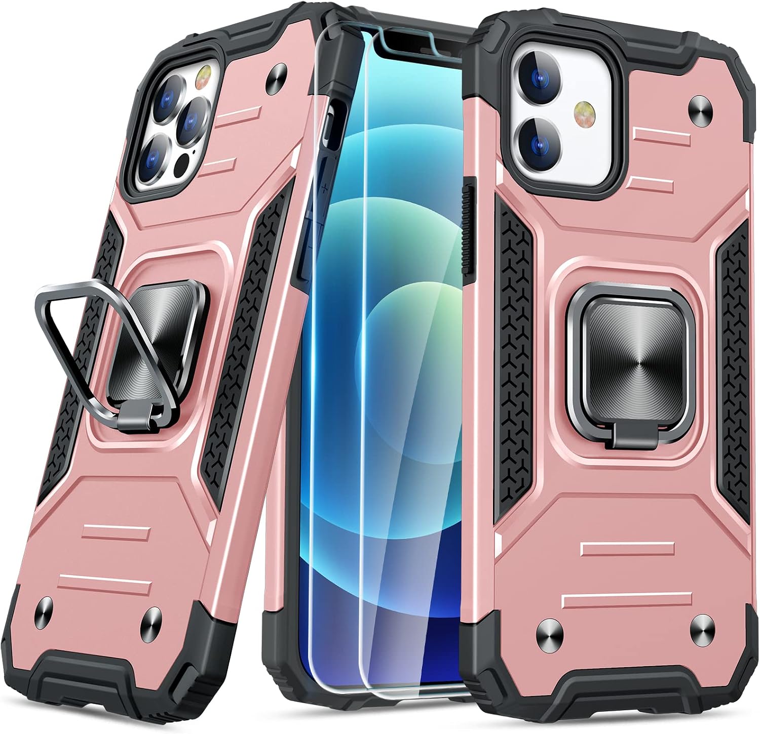 JAME Case for iPhone 12 Pro Case, for iPhone 12 Case with [Tempered-Glass Screen Protector 2PCS], Military Grade Protection, with Ring Kickstand, Protective Case for iPhone 12/12 Pro 6.1” Rose-Gold