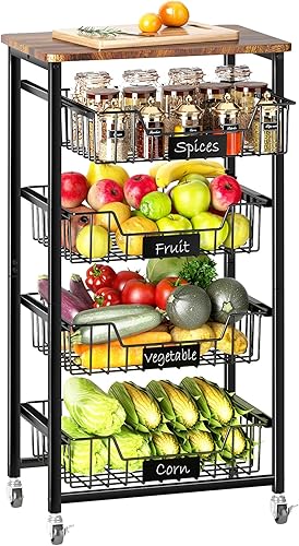 Cesta de frutas y verduras de 5 niveles, carrito rodante con ruedas con cestas extraíbles y parte superior de madera para cocina, comedor y despensa