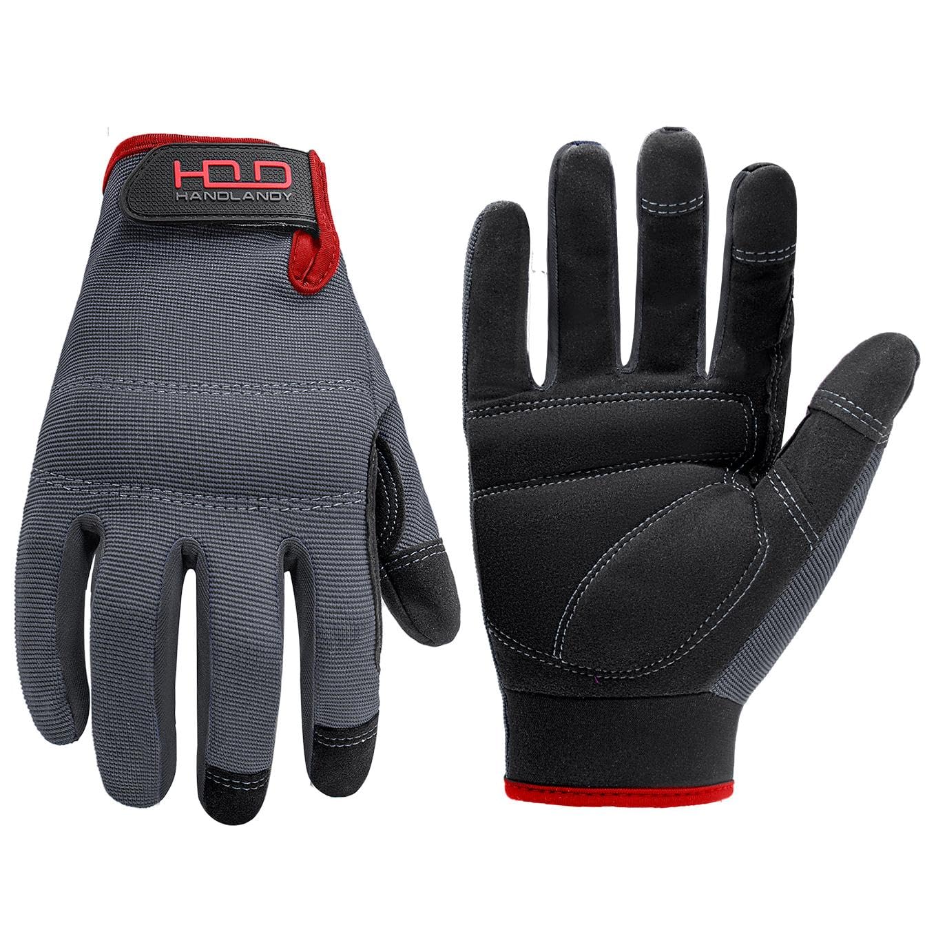 Guantes de trabajo para hombre de Handlandy, de piel sintética, flexibles, transpirables, con respaldo de licra, con nudillos y palma acolchados, compatibles con pantallas táctiles , negro