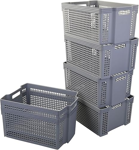 Cestas de almacenamiento apilables de plástico de 17 L, contenedor de almacenamiento apilable gris, paquete de 6
