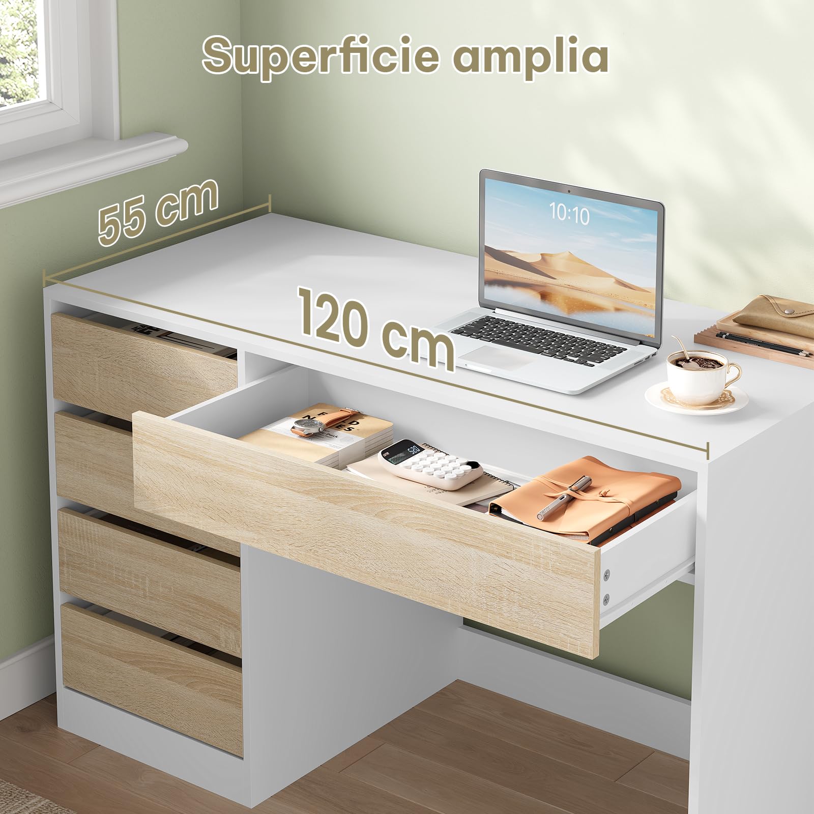 eSituro Escritorio con 5 Cajones, MDF, 120x55x75 cm, Blanco-Beige | Resistente al Agua, Cajones de Apertura Suave, para Dormitorio y Estudio