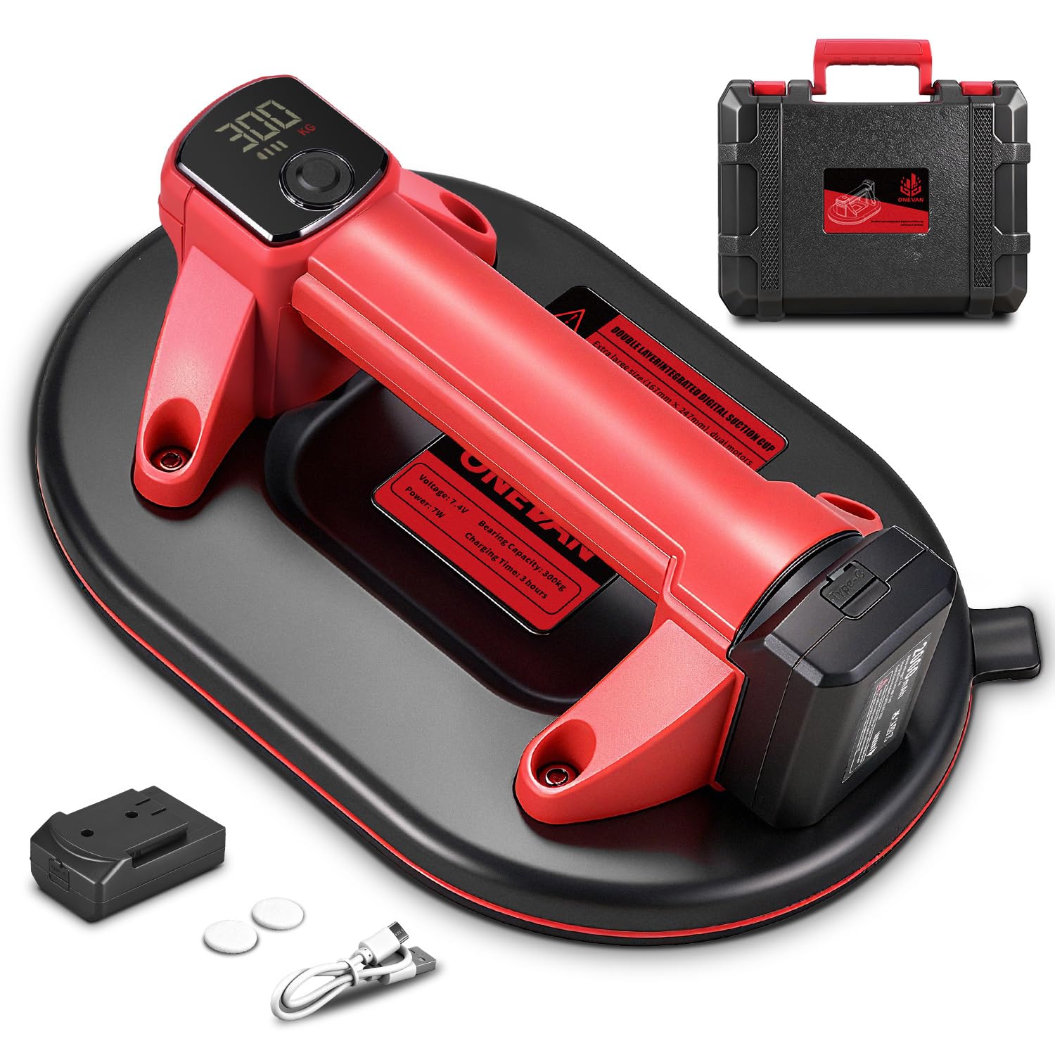 ONEVAN Sollevatore Elettrico a Batteria 300KG 4000mAh TYPE-C | Display LED a doppio strato, Batteria a lunga durata, Ricarica rapida, Per vetri, piastrelle e trasporto di materiali
