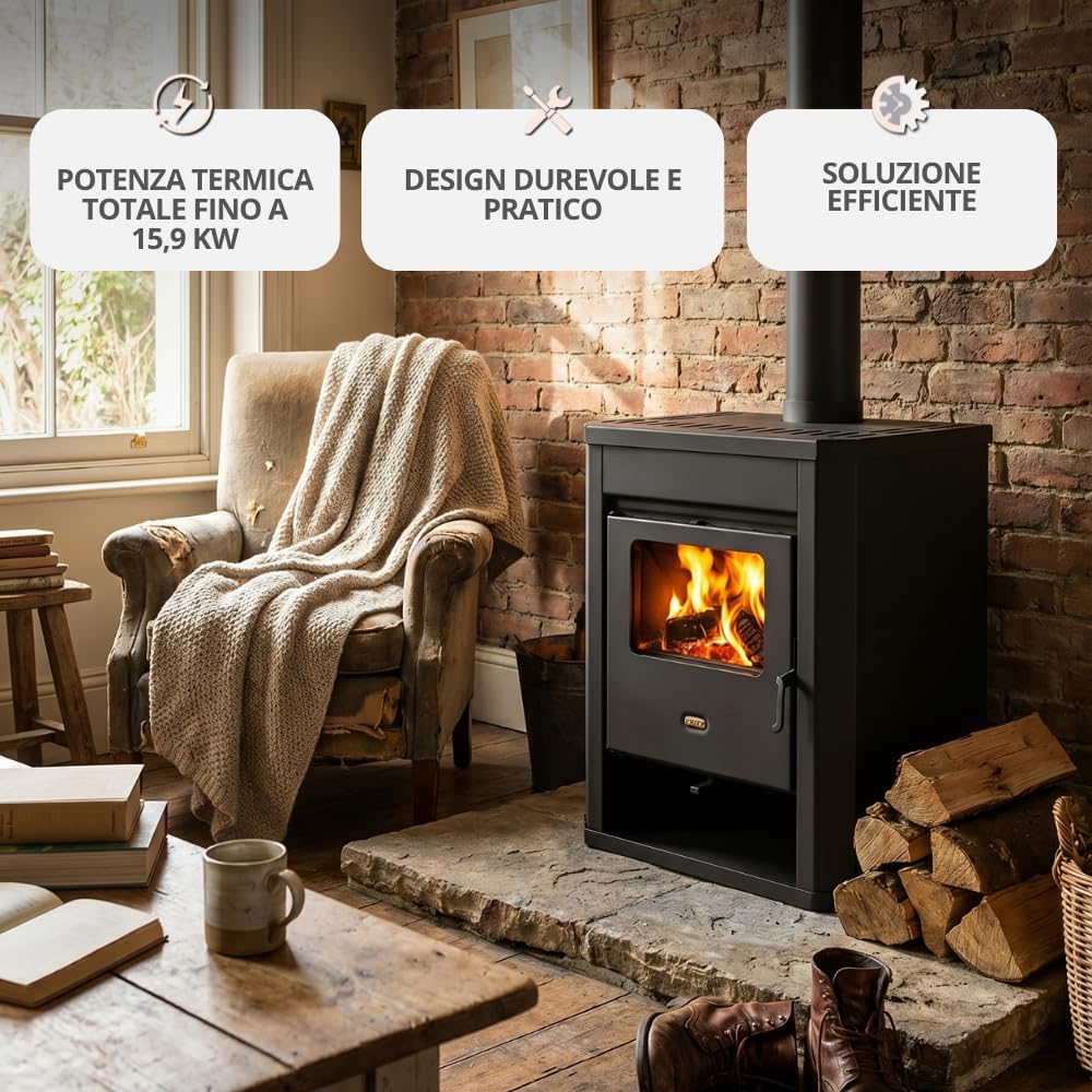 Prity WD, stufa a legna da 11 kW, grande focolare certificato CE, bruciatore a legna autoportante, conforme alla norma EN 13240