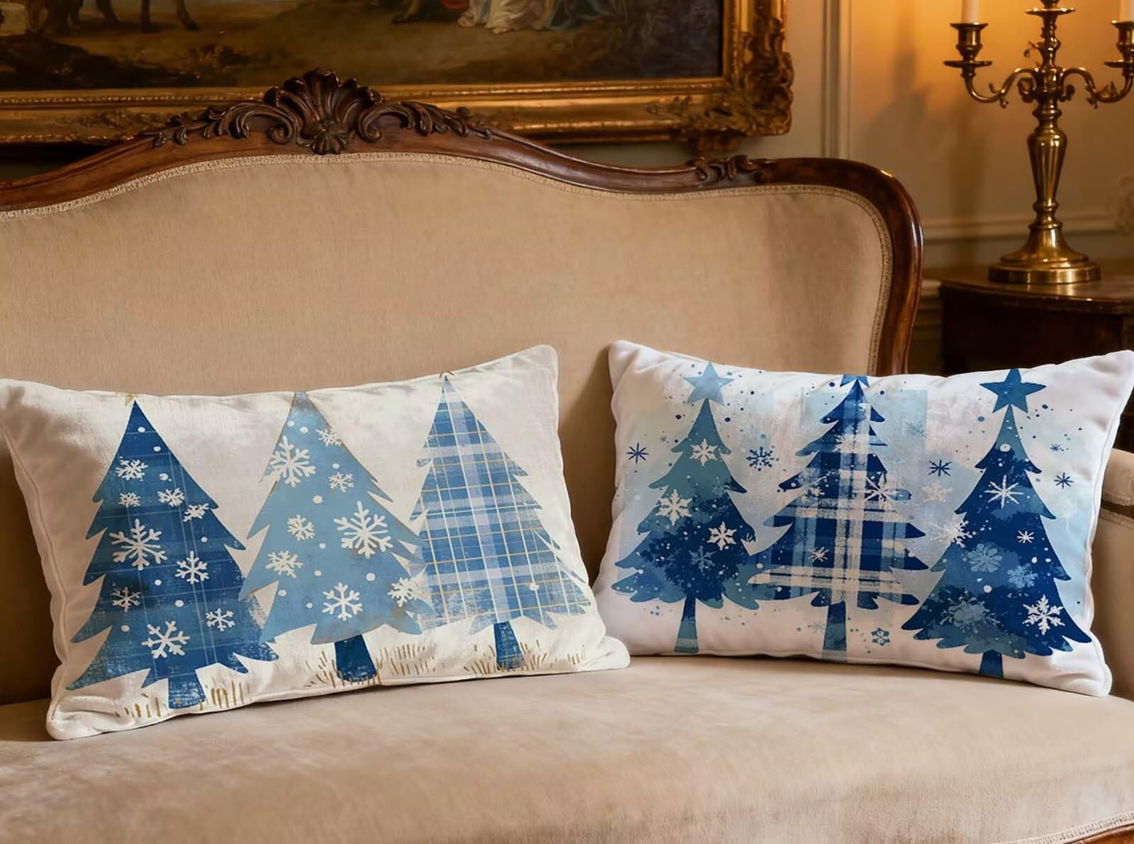 Housse de coussin arbre de Noël 50x70cm lot de 2 velours bleu décoratif