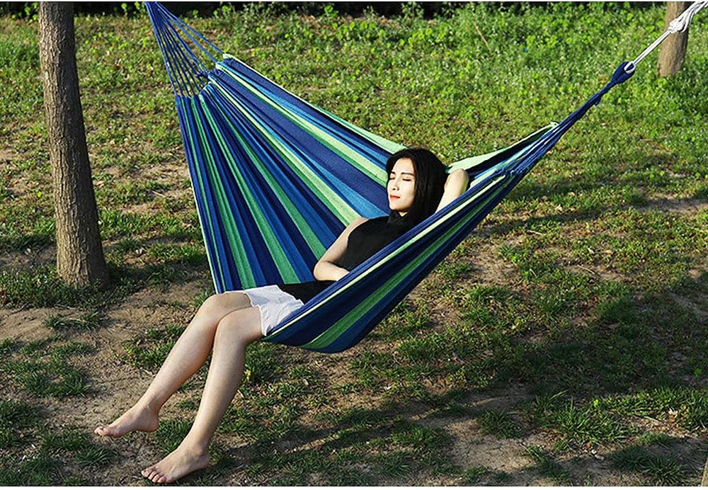 Camping Hammock,Portable Garden Hammock,Extra Long and Wide Brazilian Hammock Canvas Cotton Hammock with Carrying Bag for Patio Yard & Backyard &Porch & Outdoor/Indoor (Blue & Green Strip)