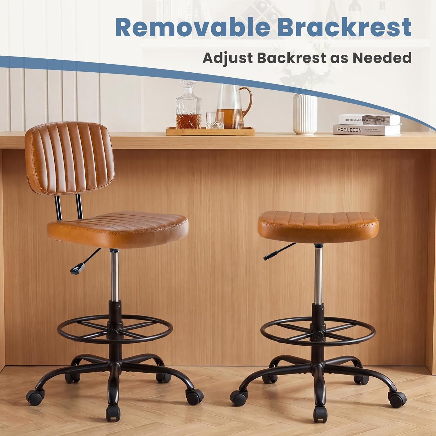 DUMOS Armless Drafting Chair, Low Back Office Seat with Adjustable Footrest Ring for Standing Desk, Ergonomic PU Leather Office Seating, Swivel Rolling High Stool for Studio, Lab, Counter, Brown