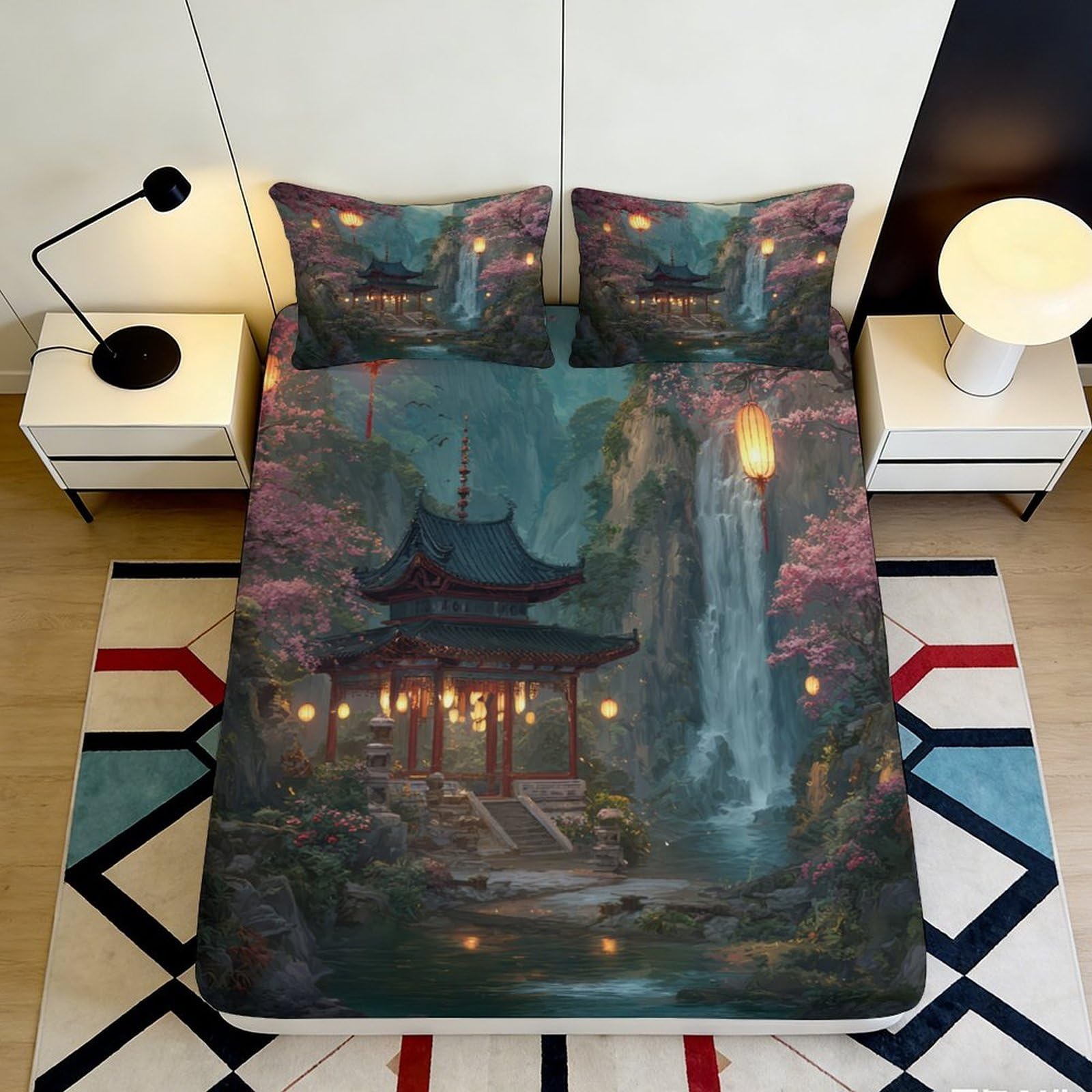 3D Printed Japanese Pagoda Waterfall Fitted Sheet Microfiber Soft Bed Cover for Bedroom Guest Room Decor 120x200x25cm