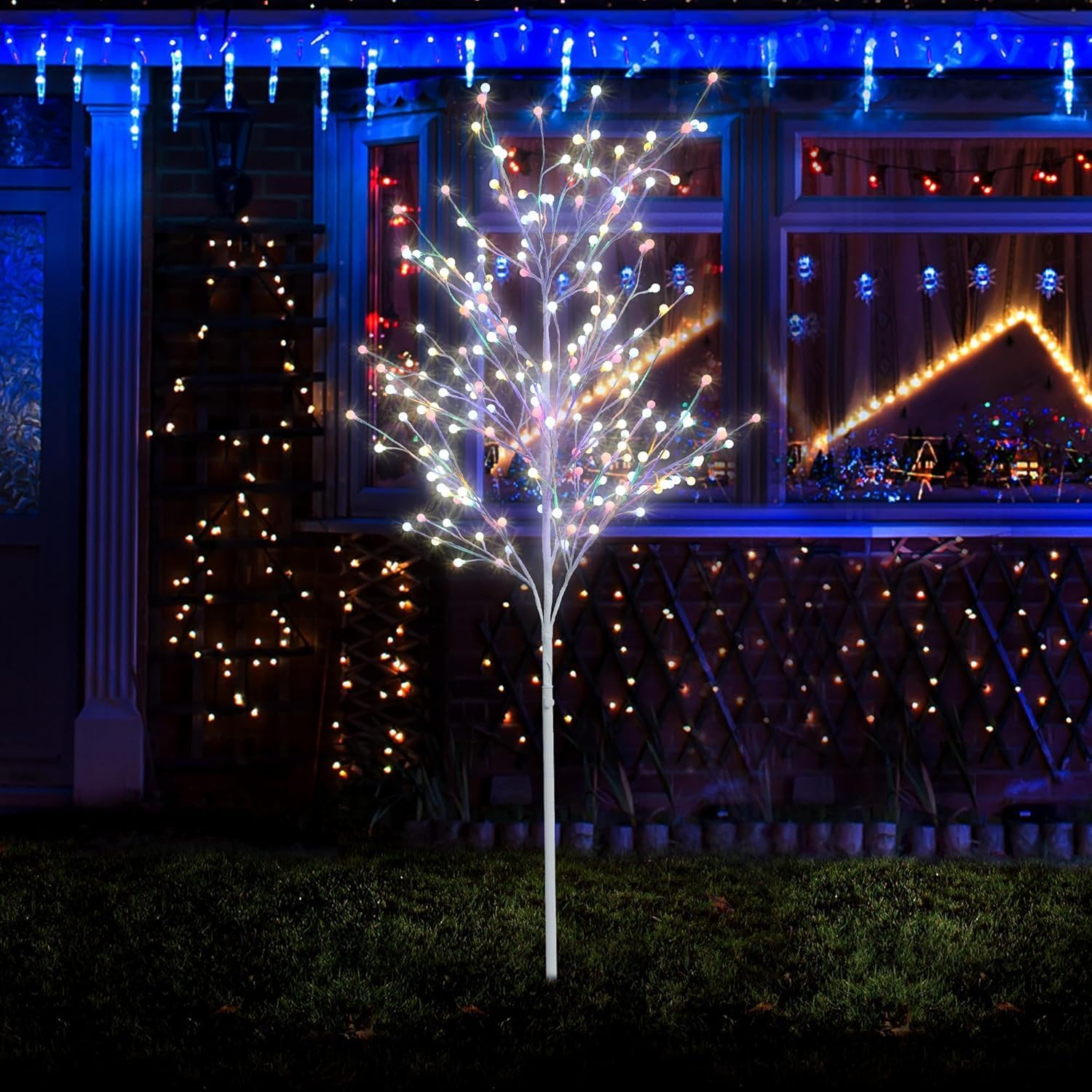 Lighted Tree Christmas Decorations Outside, 67in 4 Color Artificial Tree Holiday Decor with 200 LED Lights for Indoor Outdoor Yard Party Garden