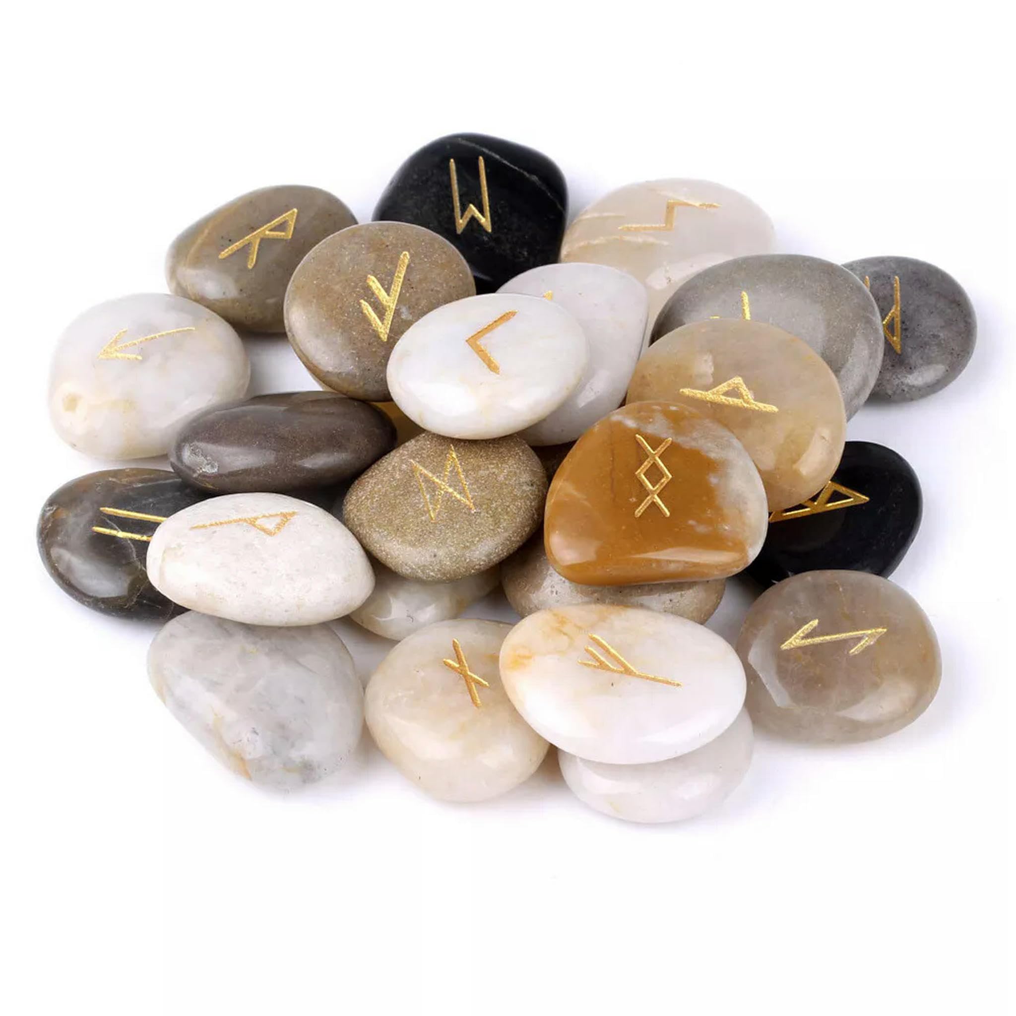 Lot de 25 Pierres polies Naturelles gravées de Runes