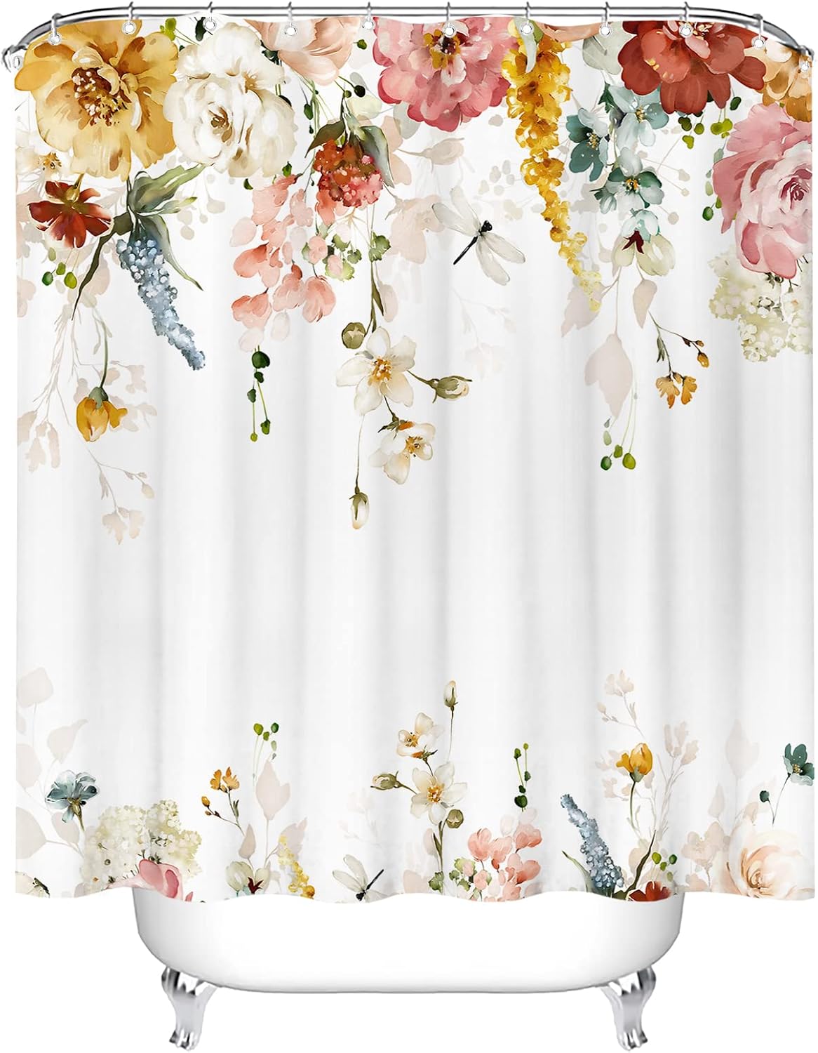 Tititex Aesthetic Blooming Floral Shower Curtain Sets, Watercolor Yellow Red Flowers White Petals Leaves Tropical Bathroom Decorative 72X72 Inch Polyester Waterproof Fabric Bath Curtain with Hooks image 4